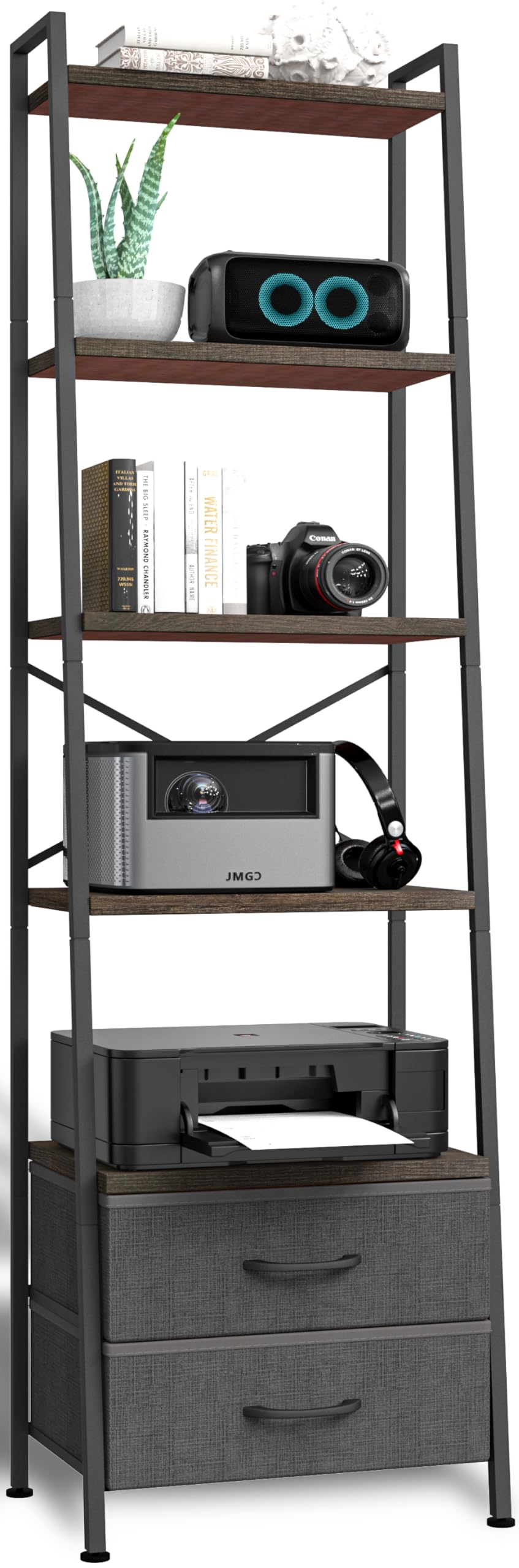 Whitmor 5-Tier Ladder Bookshelf with 2 Drawers, Narrow Modern Display Bookcase with Wood Shelves & Metal Frame, Freestanding Storage Rack for Living Room, Bedroom, Bathroom, Home Office, Black
