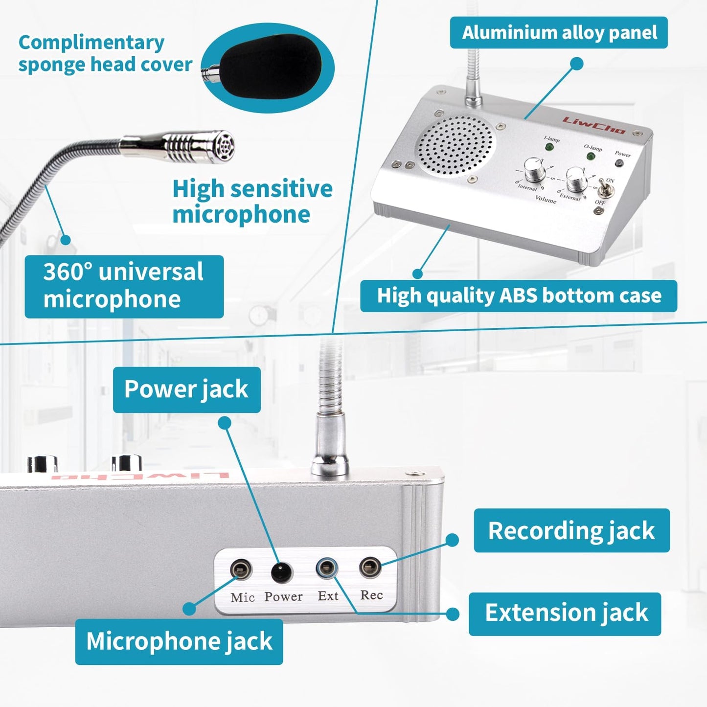 LiwCho Dual-Way Window Intercom System,High Power Speaker,Microphone Speaker for Teller Window, Two Way Interphone for Bank,Hospital,Business,Office.