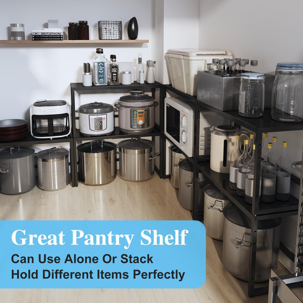 Expandable Metal Storage Shelves, 110LBS Heavy Duty Shelving Units and Storage For Pots Pans Small Appliances, Adjustable Metal Storage Shelf Rack For Kitchen Cabinets Closet Pantry Warehouse Garage