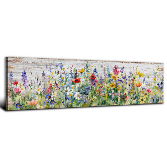 Rustic Wildflower Wall Art Colorful Farmhouse Floral Scenery Picture Decor Watercolor Flower Landscape Wood Grain Prints Painting Artwork for Living Room Office Bathroom Bedroom Home Decoration 14x48"