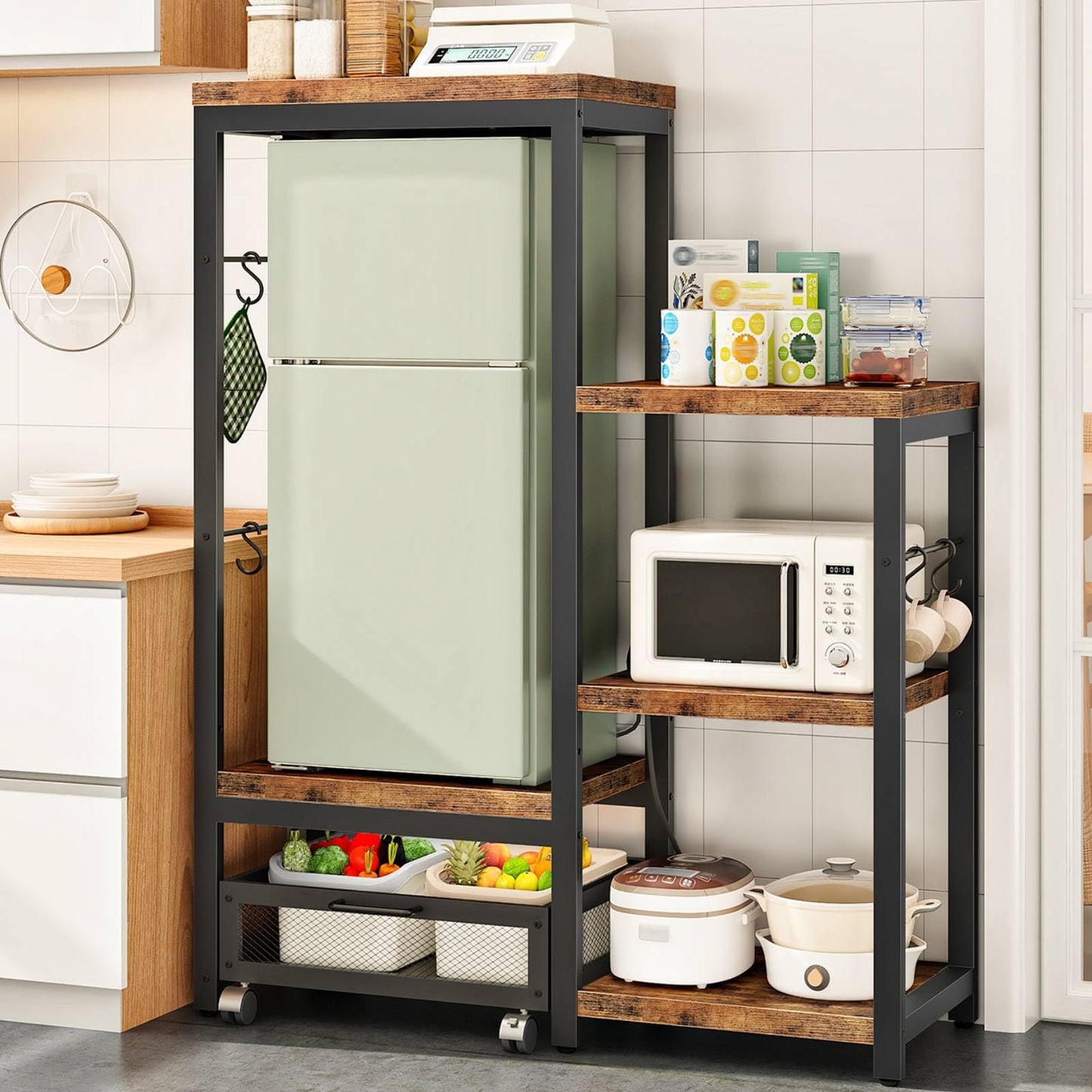 HOOBRO Bakers Rack with Mini Fridge Stand, Microwave Stand with Movable Basket, 3-Tiers Coffee Bar Station with Power Outlet, Kitchen Storage Shelf for Kitchen, Dorm, Rustic Brown and Black BF38UHB01