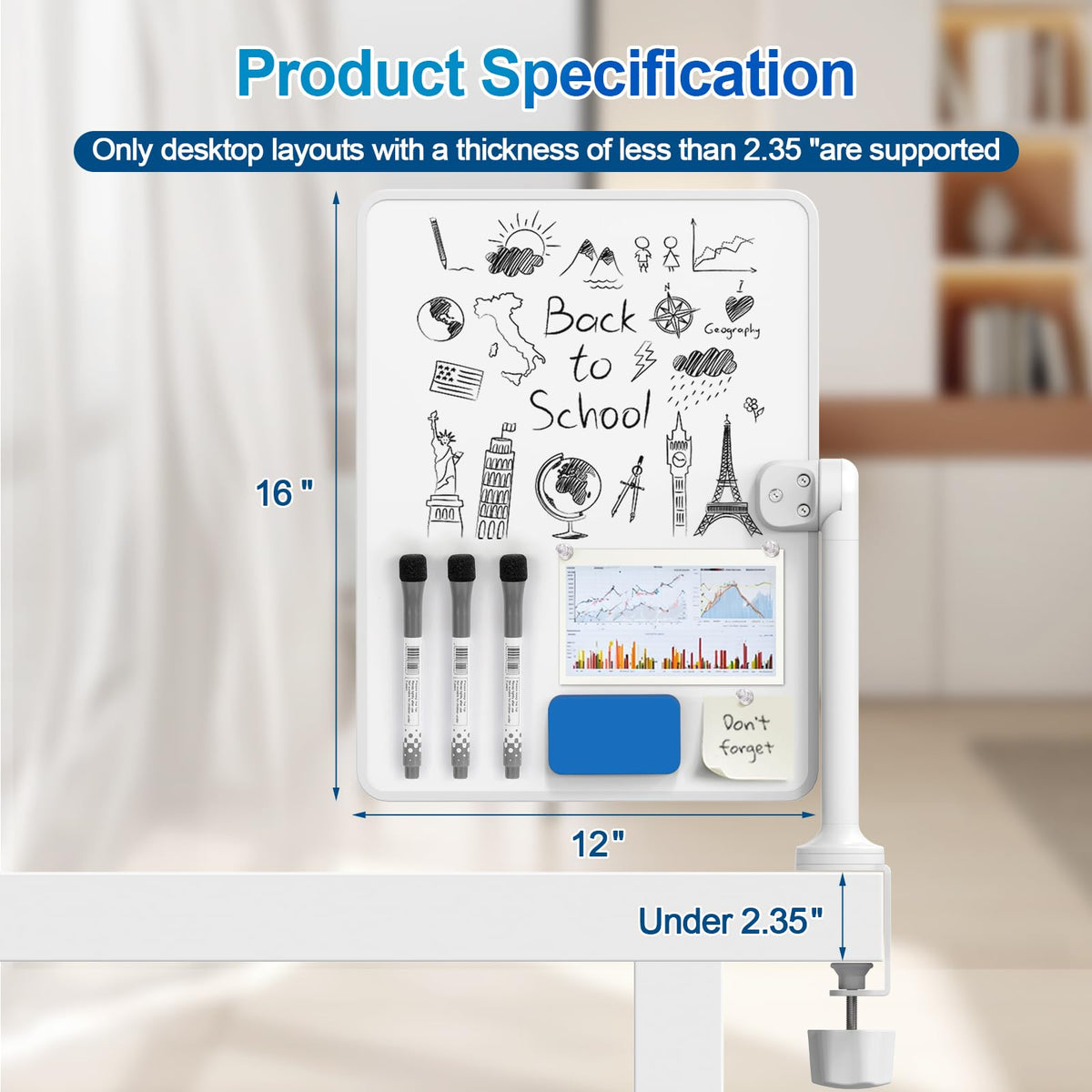 Double-Sided Clamp-On Desk Whiteboard, 360° Swivel Desktop Dry Erase Board for Office & Home Study, Fits Desks Under 2.3" Thick, Space Saving Memo Board (16" x 12") with Markers(1pc)
