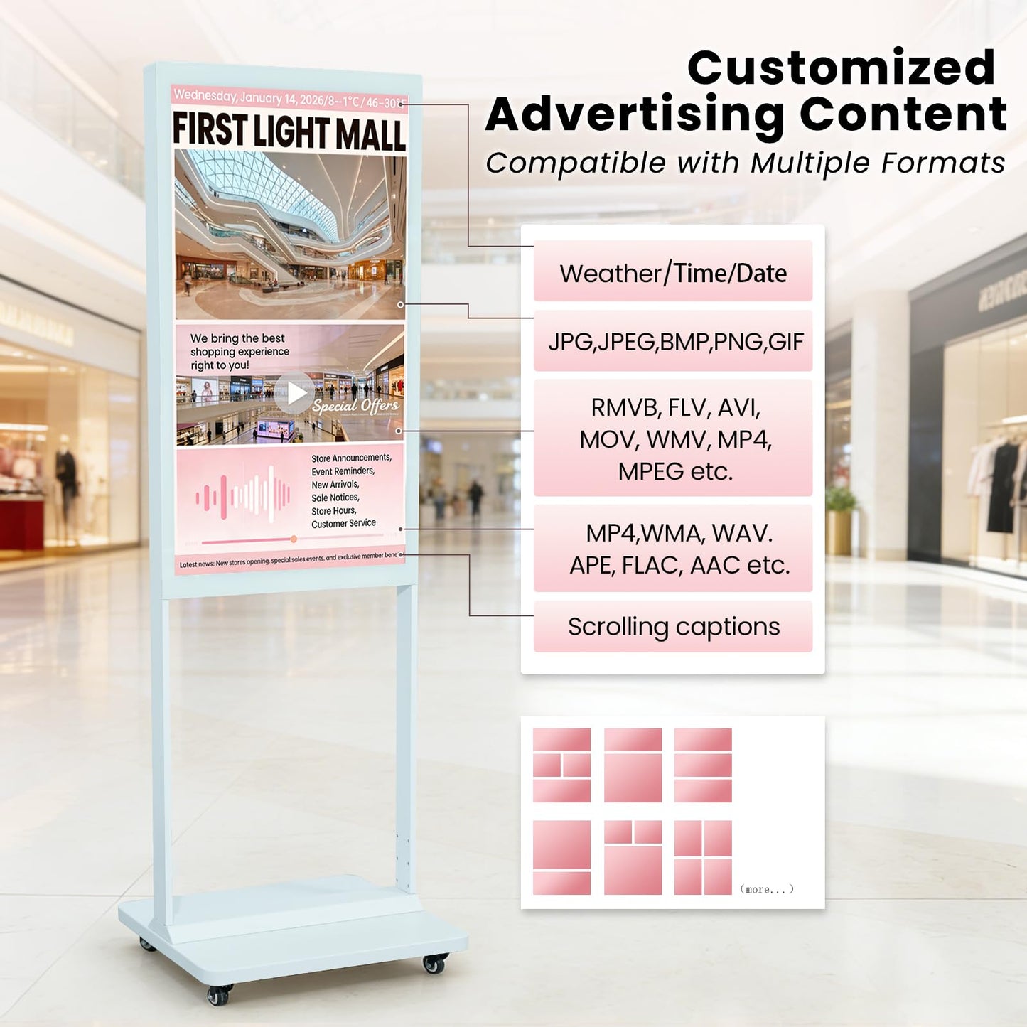 KEINONE 43" Digital Signage Display, 4K LCD Indoor Digital Signage Kiosk, Commercial Indoor Digital Signage, Floor Standing Advertising Player, USB WiFi Bluetooth Input, 4+32GB, Android 14.0 White