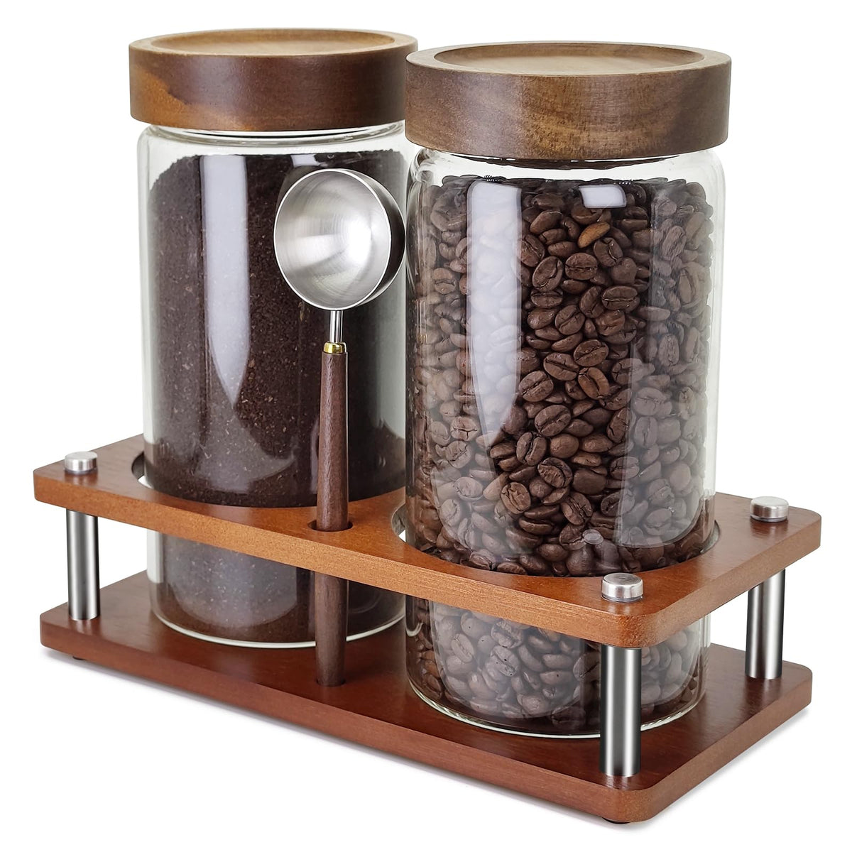 Venuekkuri Glass Coffee Grounds Container with Shelf, 2 × 45 oz Glass Coffee Canisters with Airtight Thread Lid, Storage Jars with Stainless Steel Spoon for Coffee Bean, Sugar,Nut
