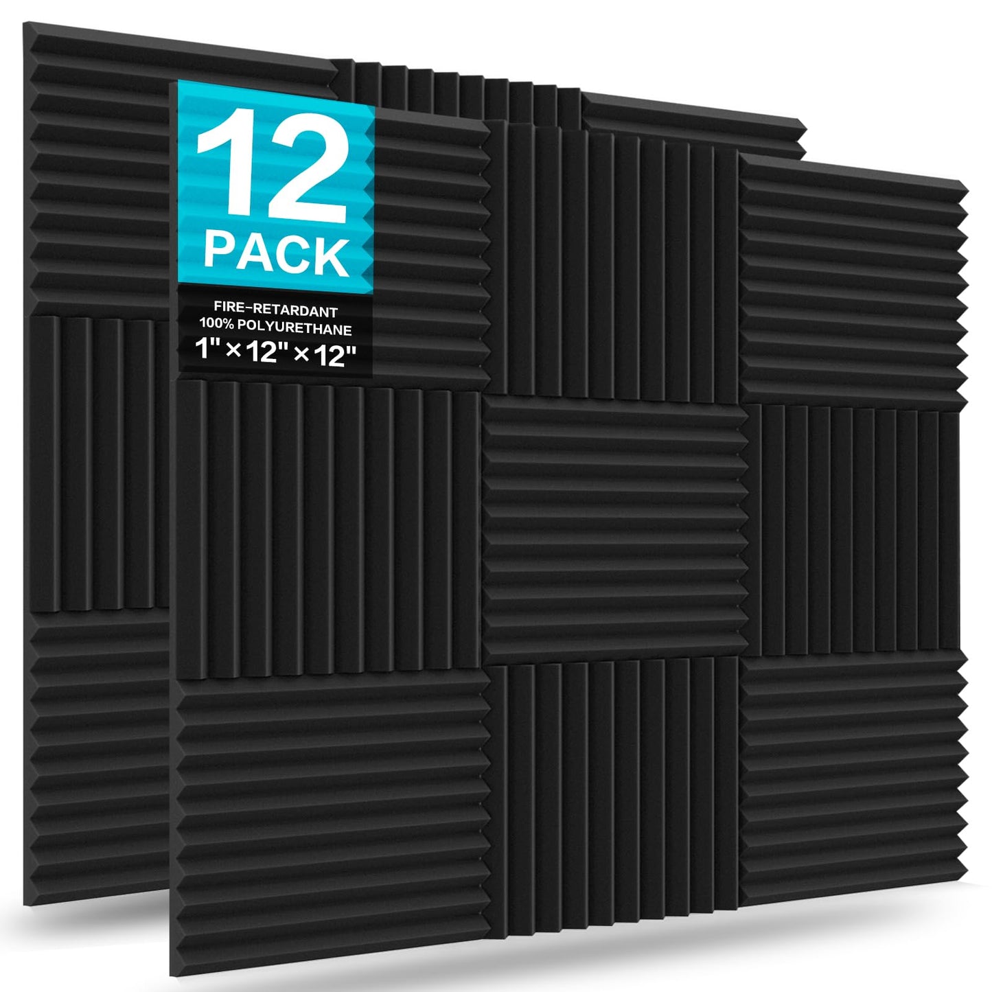 JBER 12 Pack Acoustic Foam Panels, 1" X 12" X 12" Sound Proof Foam Panels for Walls, High Desnsity Studio Soundproofing Wedges - Fire Resistant & Noise Absorbing for Studio, Office, Home (Black)