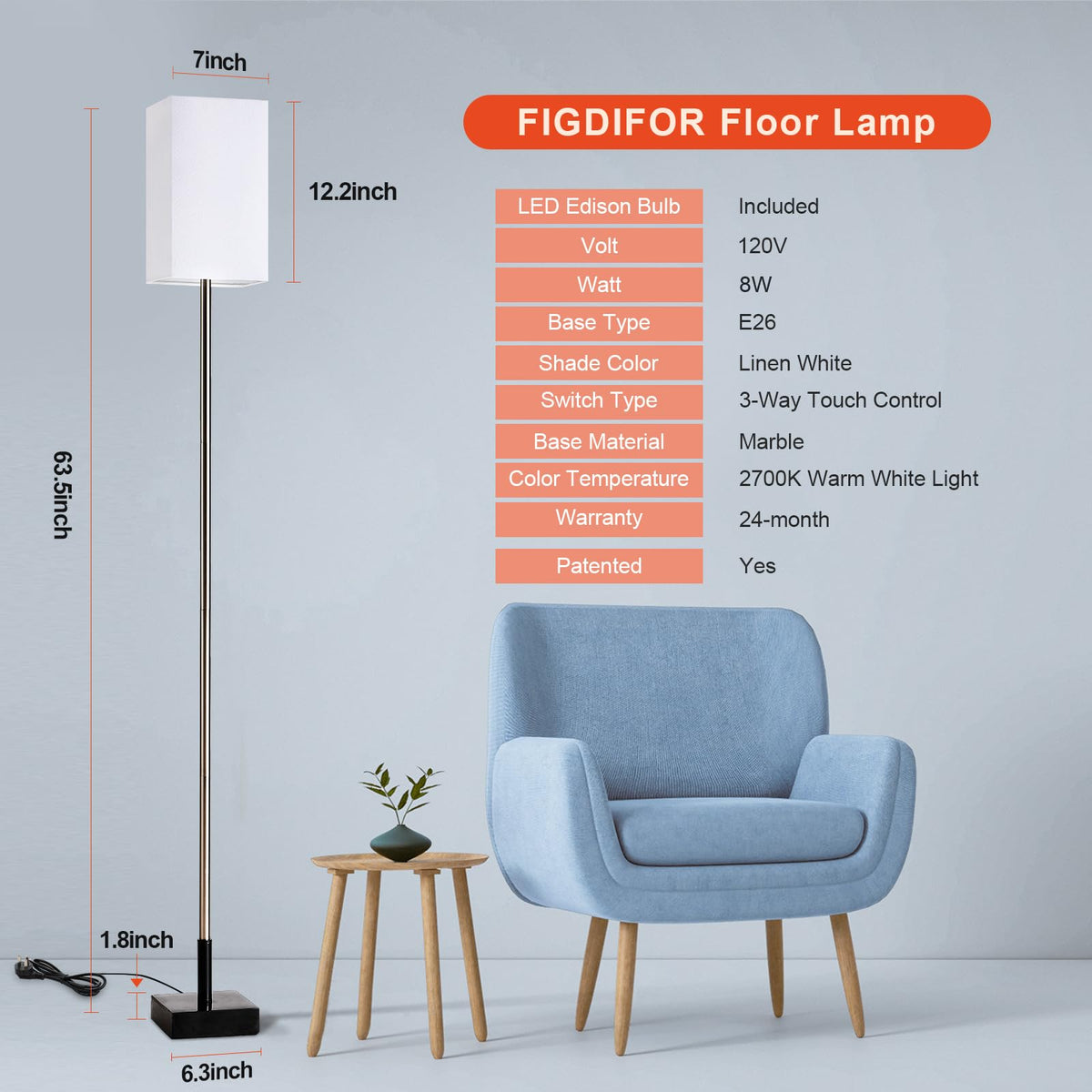 FIGDIFOR Floor Lamp, 3-Way Touch Control Dimmable Standing Lamp with Sturdy Marble Base, Brushed Nickel Touch Floor Lamp Tall Lamp with Square Linen Shade for Living Room, Bedroom, LED Bulb Included
