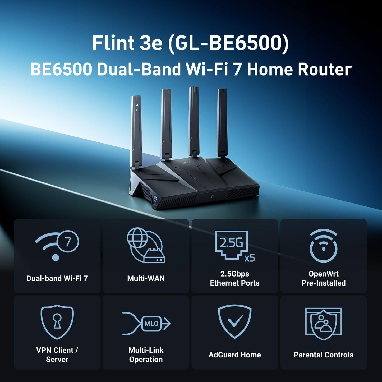 GL.iNet GL-BE6500 (Flint 3e) WiFi 7 Router, High-Speed WiFi Router for Wireless Internet w/VPN, 5 x 2.5G Ethernet Port for Fiber Optic Modem, Long Range Large Home, Business & Gaming Computer Routers