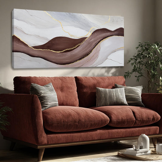 Hue7Art Modern Abstract Canvas Wall Art Neutral Flowing Lines Painting in White Gray and Brown, Minimalist Contemporary Artwork for Living Room Bedroom Office Wall Decor 24x48 Inch