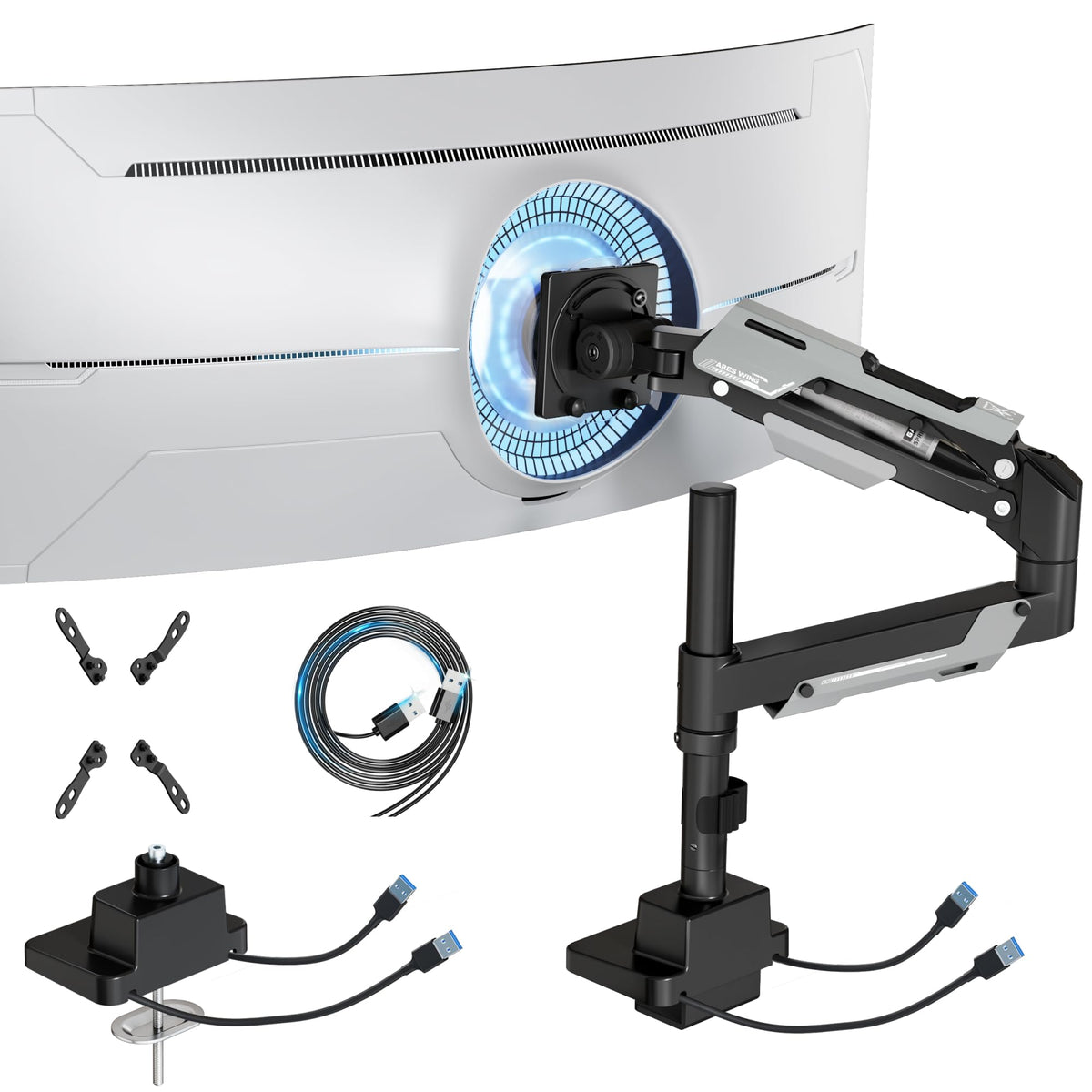 ARES WING CoreArm Single Monitor Mount with USB, Ultrawide Monitor Arm for 24 to 57'' Heavy Duty Curved Screen, Adjustable Gas Spring Monitors Arm Stand up to 66LBS with 75/100/200 Vesa Mount, Black