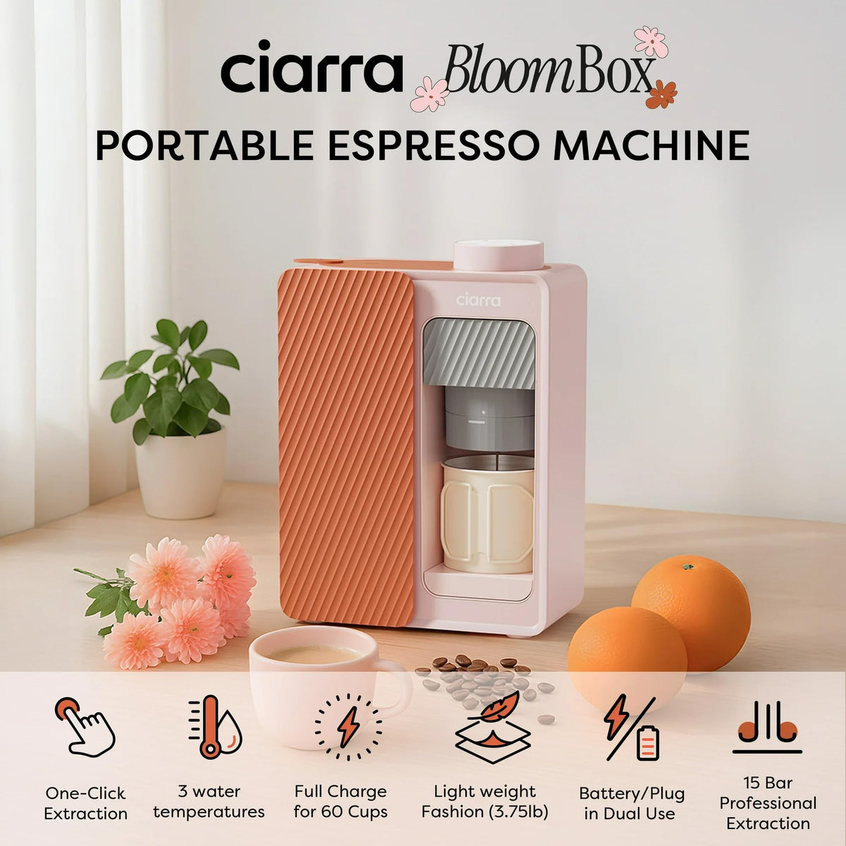 CIARRA Bloombox Compact Espresso Coffee Maker, 15 Bar Rich Flavor Brew Espresso Coffee Machine for Travel Camping RV Office Home, Easy to use, 6.1oz Stainless Steel Water Tank