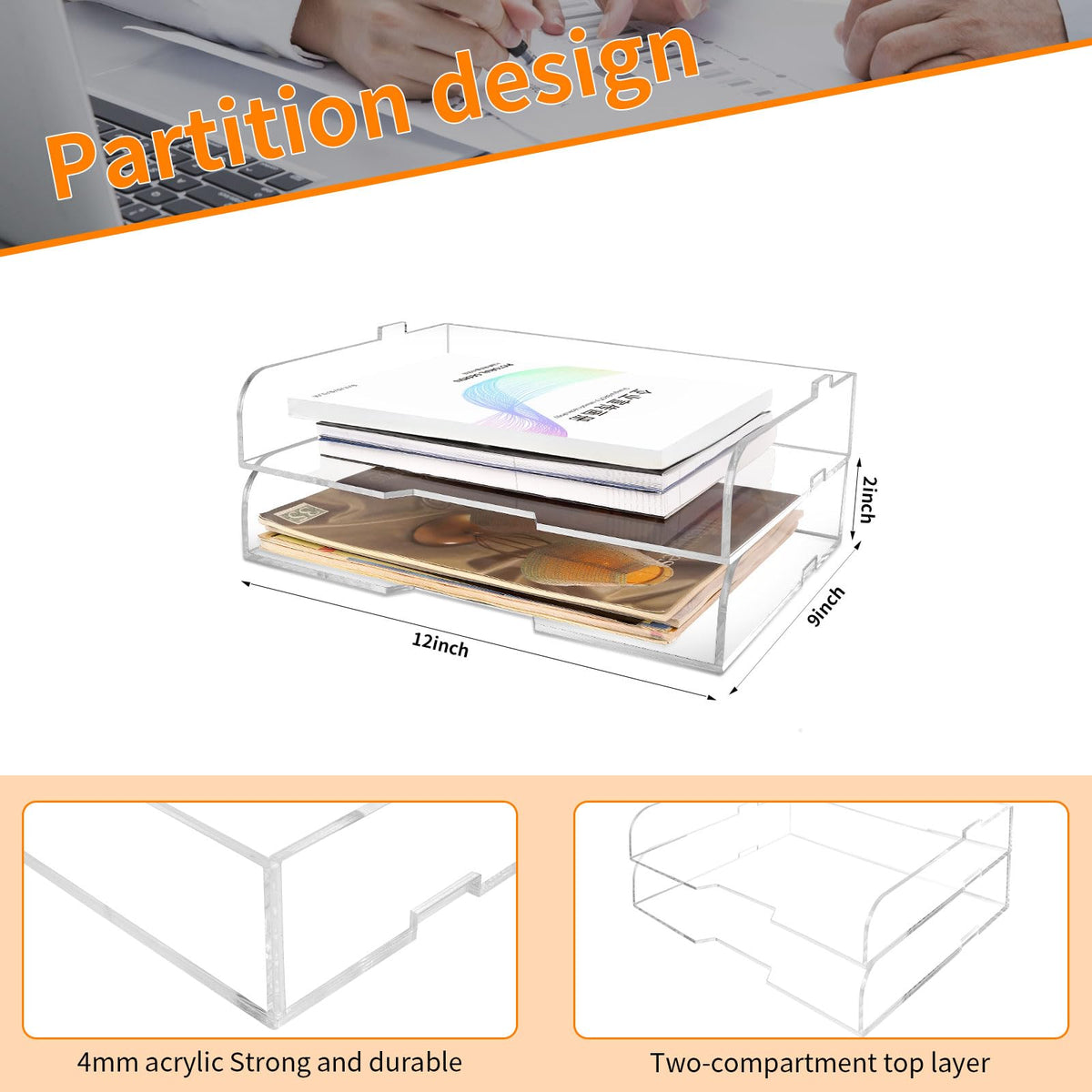 2 Pack- Stackable Paper Letter Tray,Clear Acrylic Magazine Holder and File Organizer - Sleek Desk Organizer for Home Office, Bookshelf, or Workspace - Space-Saving Transparent Document Holder