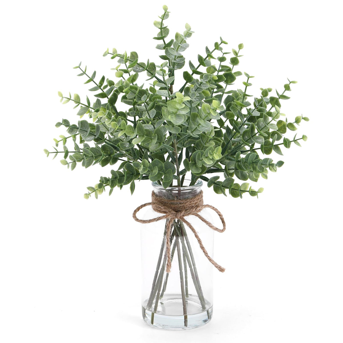 Coferset Eucalyptus Stems in Glass Vase with Faux Water, 14" Eucalyptus Fake Plants for Home Bathroom Counter Office Kitchen Farmhouse Shelf Centerpiece Coffee Table Decor(Sage Green)