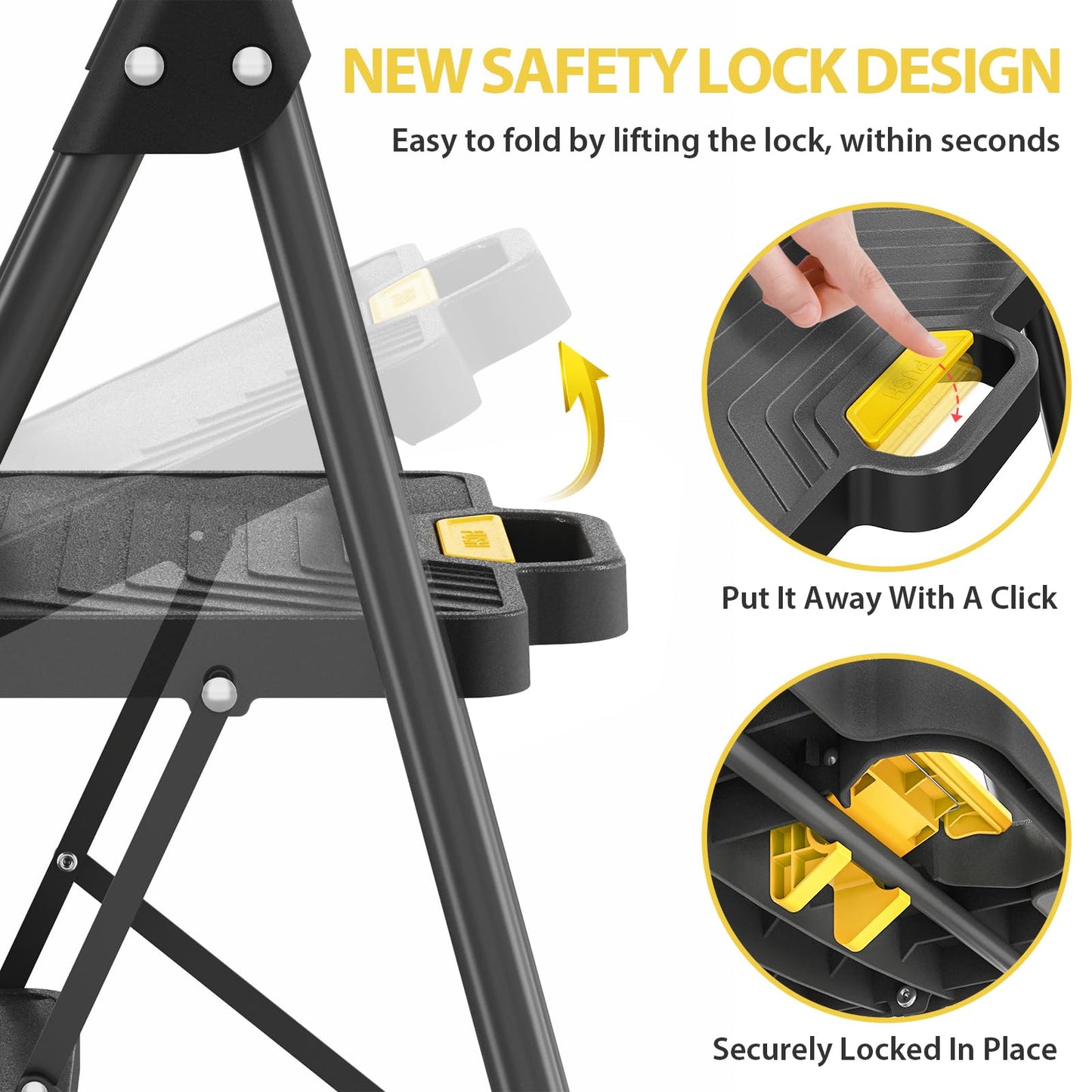 KINGRACK 4 Step Ladder, Sturdy Steel Step Stool with Anti-Slip Wide Pedals, Handrail, Safe-Lock Design, Pass 800lbs Load Testing, Folding Portable Ladder for Multi-Purpose, Home, Kitchen, Black