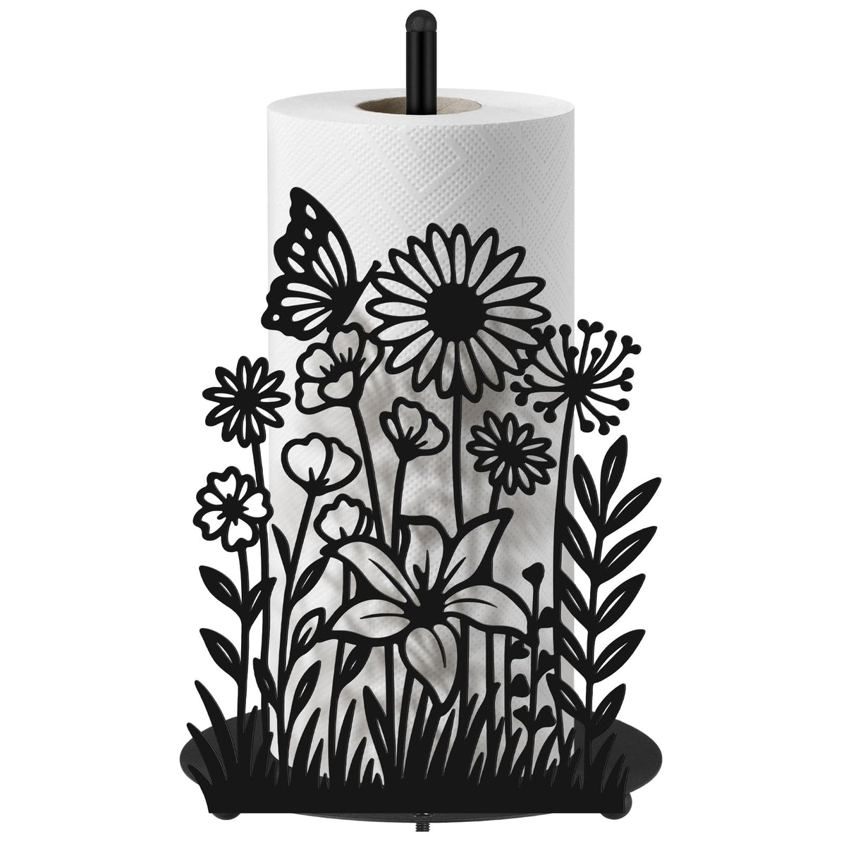 Yiyiring Wildflower Kitchen Countertop Paper Towel Holder Decorative Paper Towel Holder Black Metal Tissue Stand Kitchen Decor Accessories for Home Party Bathroom Countertop Dining Table
