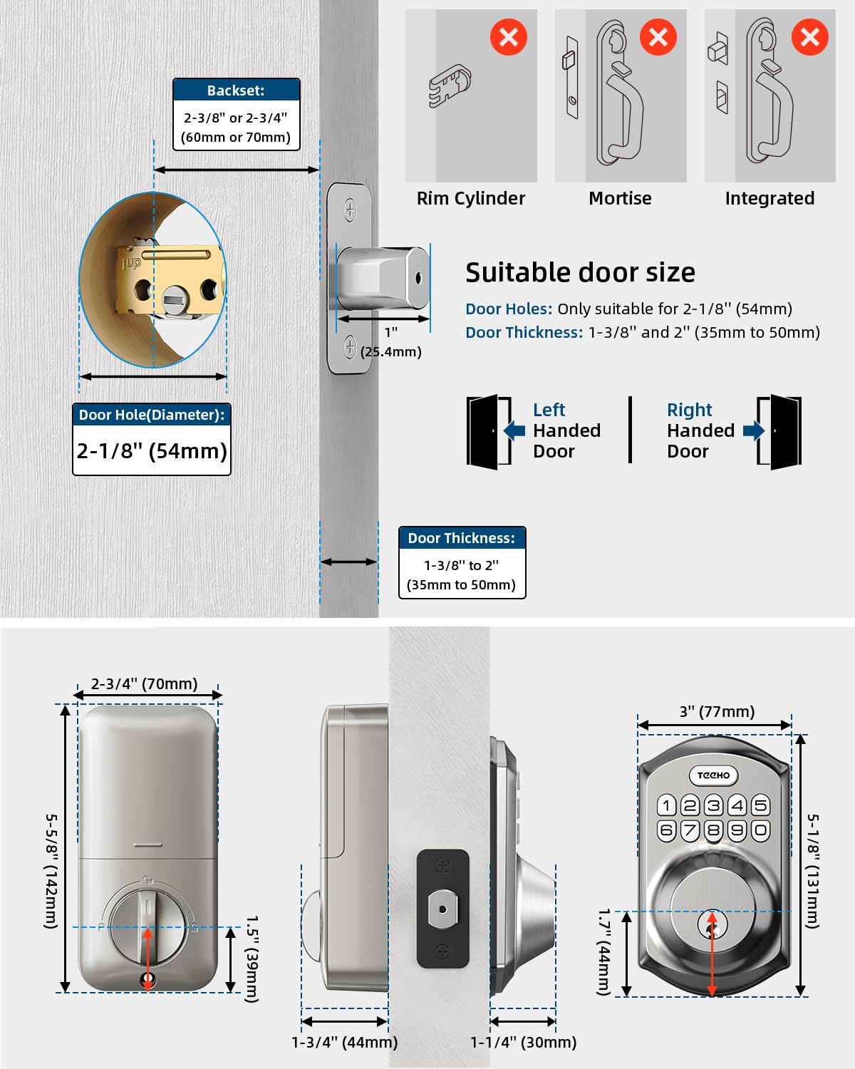 TEEHO TE001 Keyless Entry Door Lock with Keypad - Smart Deadbolt Lock for Front Door with 2 Keys - Auto Lock - Easy Installation - Satin Nickel