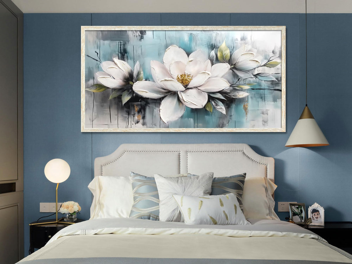 Ardemy Magnolia Wall Art Framed Canvas Wall Decor Living Room, White Floral Picture Wall Decor Teal Painting Flower Textured Extra Large Artwork for Bedroom Dining Room Home Office 58"x29"