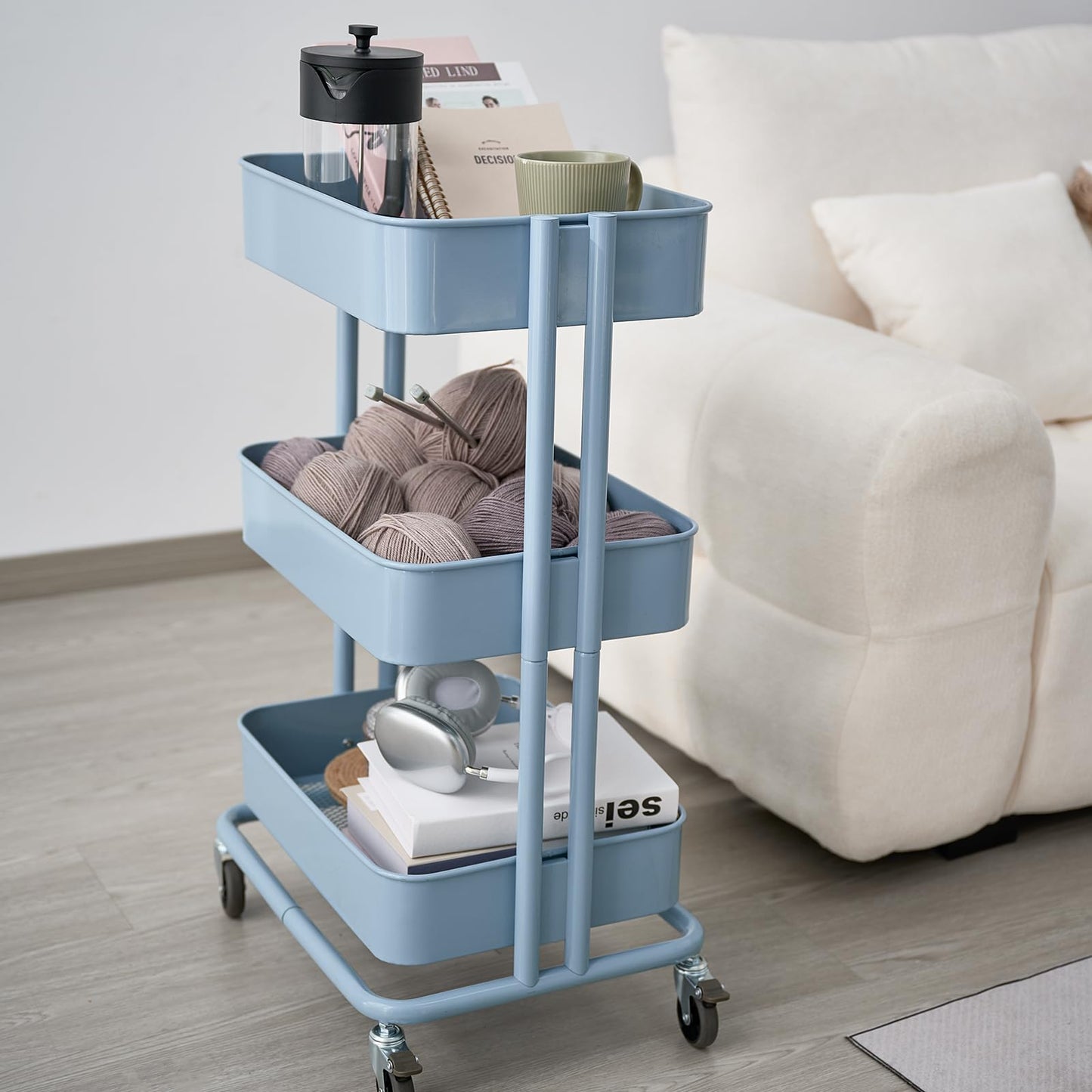 CARTTECH 3 Tier Rolling Cart Metal Heavy Duty Utility Cart with Silent Caster Lockable Wheels Multi-Functional Organization Carts Storage Trolley with Mesh Shelves for Office Kitchen Living Room Blue