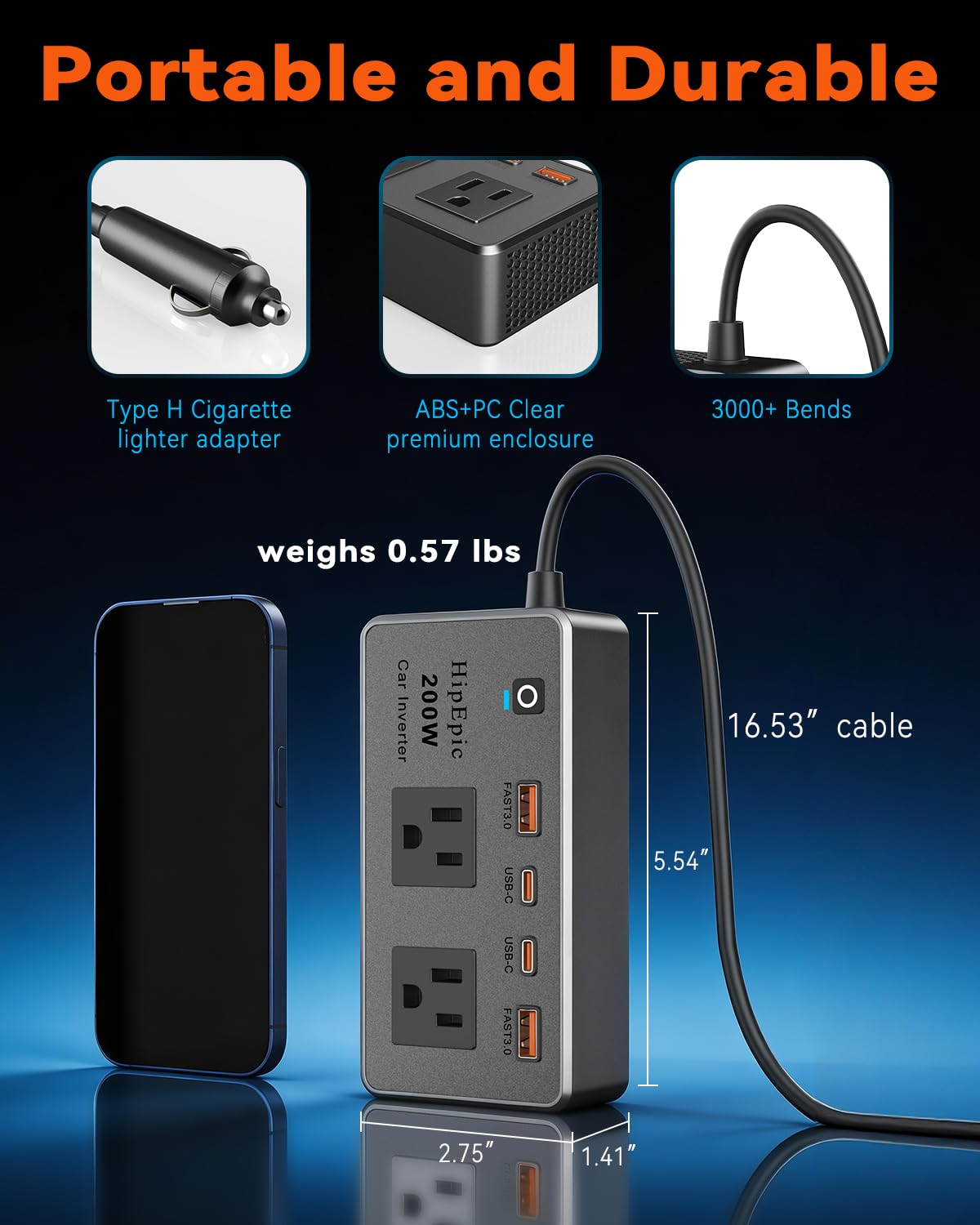 HipEpic 200W Car Power Inverter 12V to 110V Fast Charging, Car Outlet Adapter to Plug 24W USB A/C & Dual AC - 6 in 1 for Laptop Phone, Power Inverters for Vehicle Road Trips Camping (Silver-Black)