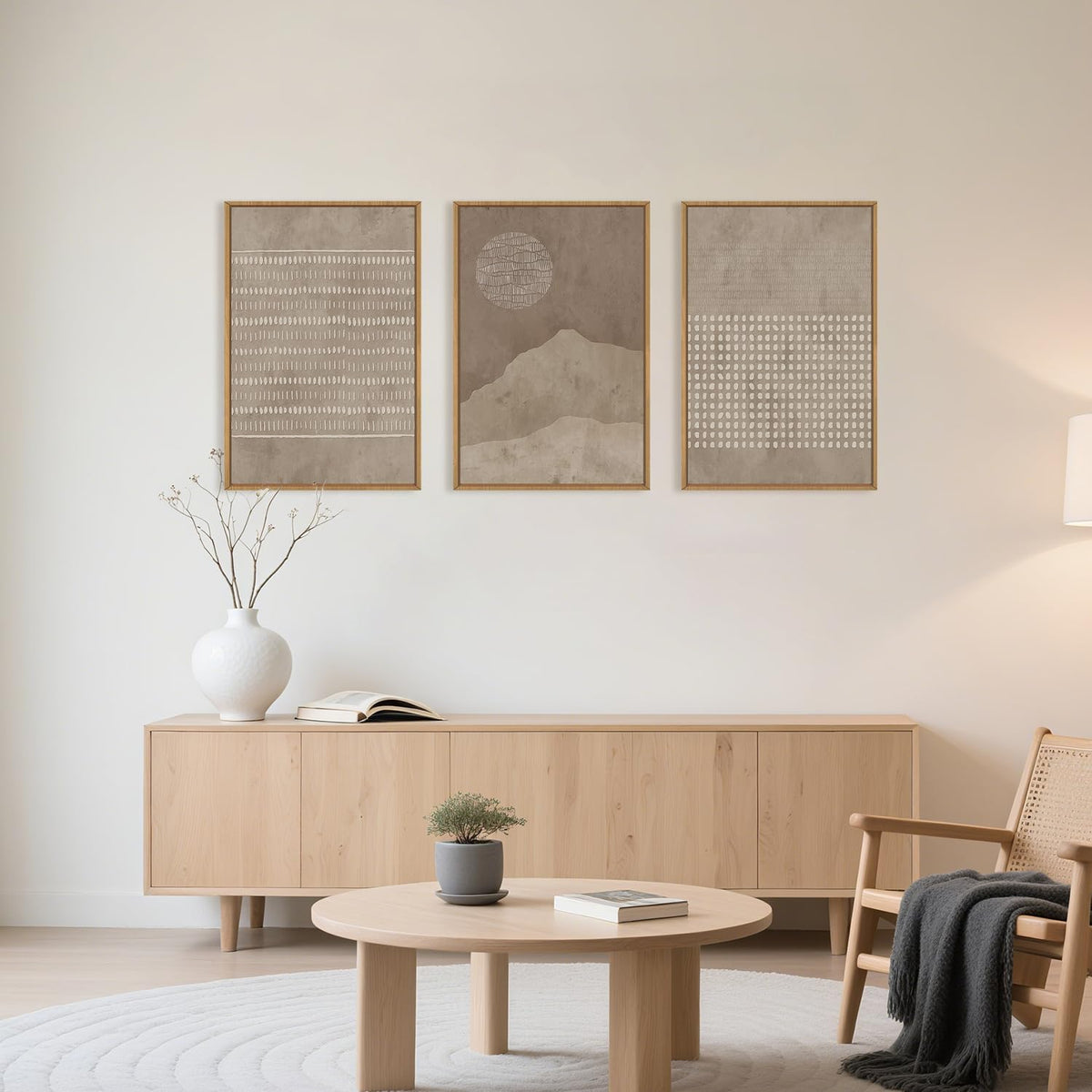 Aryroi Large Mid Century Tan and Beige Framed Canvas Wall Art,Neutral Lines Dots Wall Decor,Abstract Sunset and Mountain Artwork,Boho Textured Shapes Art Print for Living Room,Bedroom,Office-16"x24"x3
