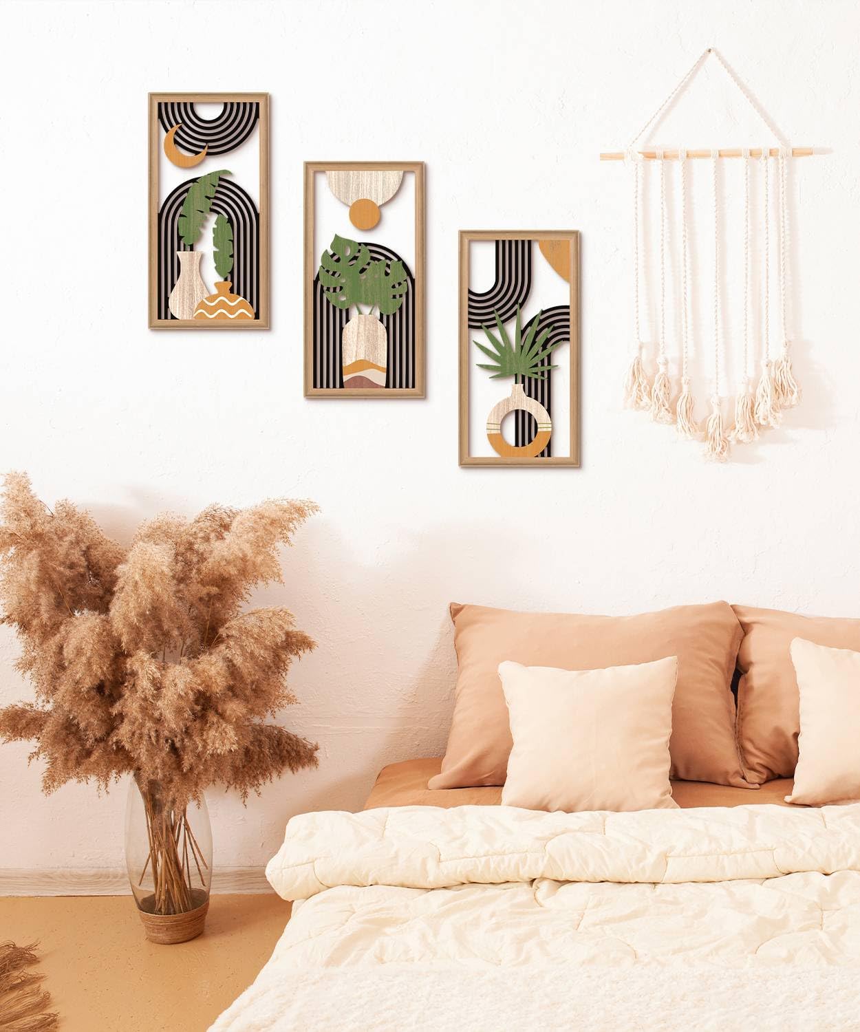 Putuo Decor Boho Abstract Wall Art Set of 3, Modern Minimalist Wooden Wall Decor, Geometric Aesthetic Botanical Artwork, Mid-Century Modern Design for Living Room, Bedroom, Office, Black 16.5 x 8.6