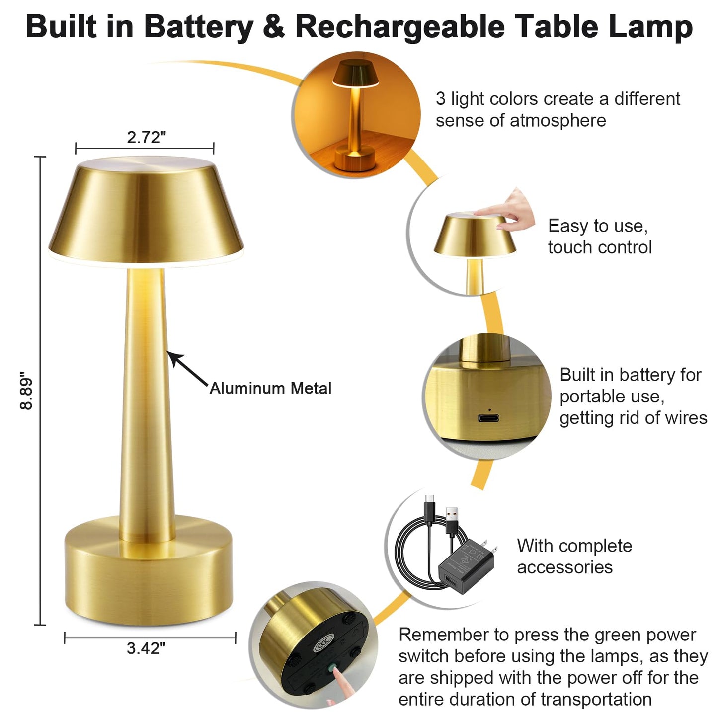 2 Pack Small Cordless Table Lamp, Battery Operated Gold Lamp for Restaurant Dinner Table, Rechargeable 3-Way Dimmable Touch Light Portable Metal Night Light for Bedside Dining Room Patio Bar Outdoor