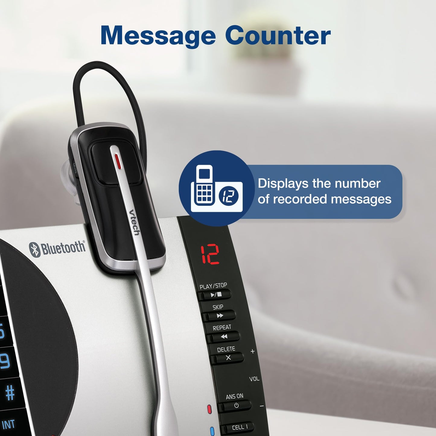 VTech DS6771-3 Connect to Cell, Cordless Phone with Answering Machine, DECT 6.0 Headset+2 Handset Intercom, Bluetooth, Caller ID/Call Waiting, Expandable System - Silver/Black