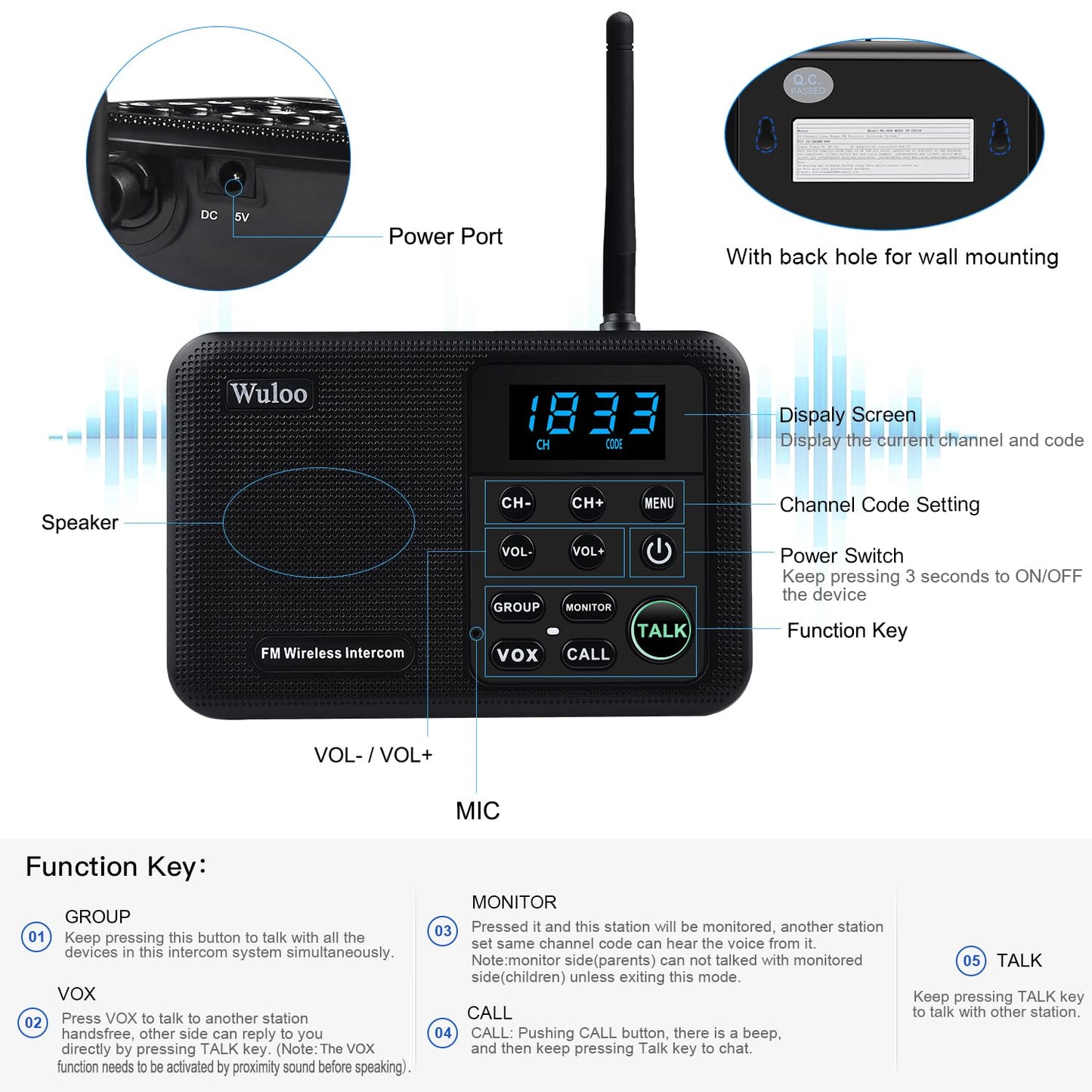 Wuloo Intercoms Wireless for Home 1 Mile Range 22 Channel 100 Digital Code Display Screen, Wireless Intercom System for Home House Business Office, Room to Room Intercom Communication (6 Packs, Black)