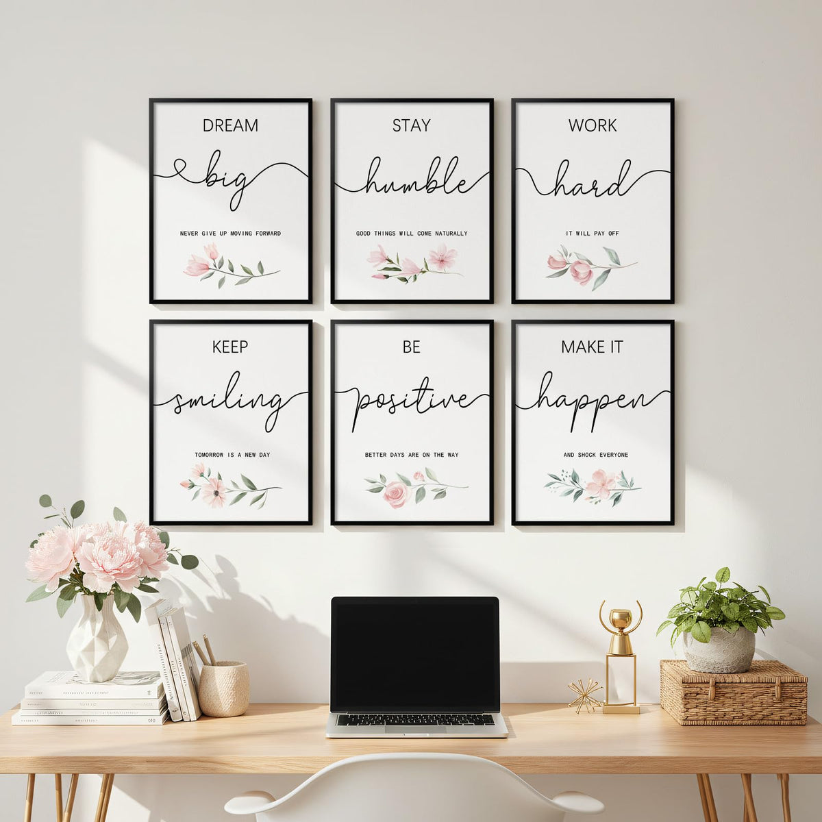 Framed Inspirational Office Wall Art Decor, 6 Piece Modern Motivational Quotes Floral Canvas Prints Artwork for Office Walls, Positive Affirmations Wall Decor for Home, Study Room, 11x14