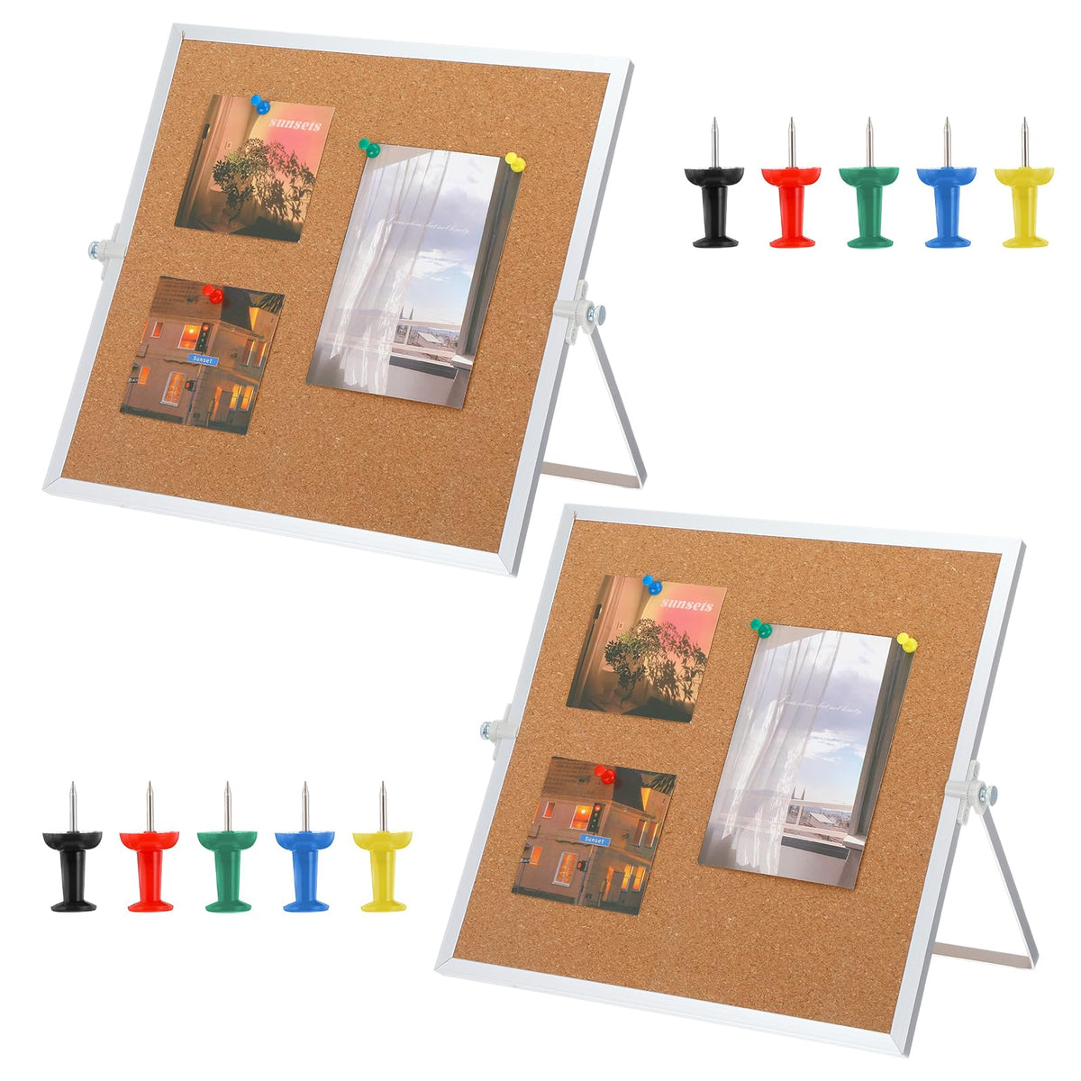 2 Pack Cork Board Bulletin Board, Double Sided Pin Board with Silver Aluminum Border, Desktop Small Cork Board with Stand Suitable for Home, Office, Desk Message Board or Picture Board 9.8"×9.8"