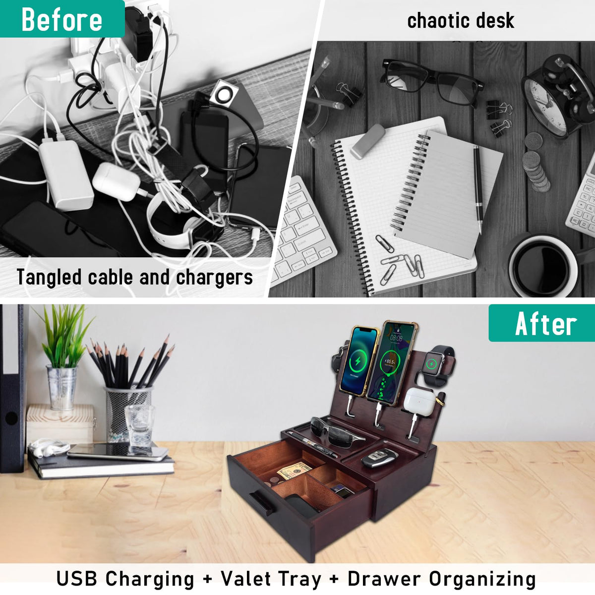 Xunhomon Wood Phone Docking Station with Drawer Nightstand Organizer for Men Dual Phone Charging Station for iPhone Samsung Google Desk Organizers Anniversary Birthday Gifts for Men Dad Him Husband