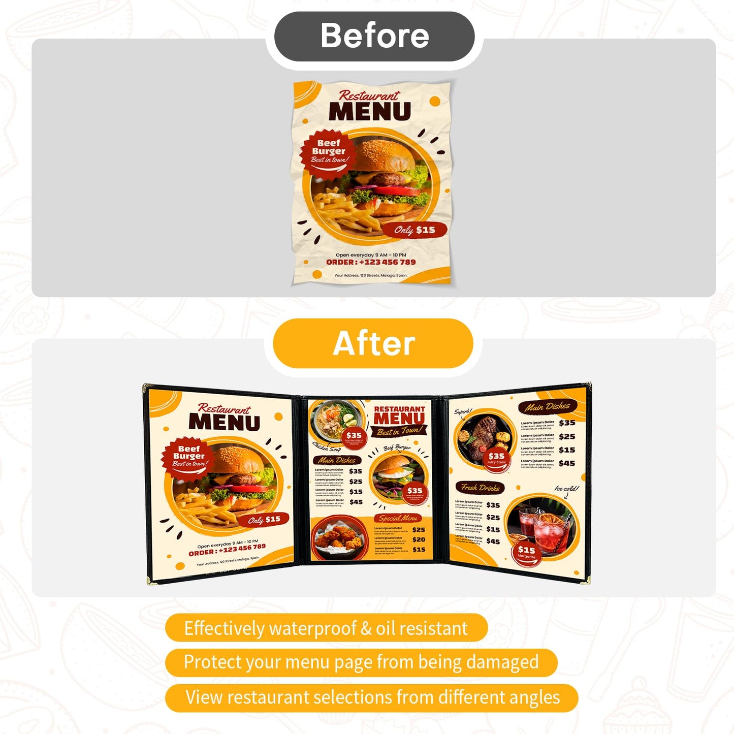 FLKQC 10 Pack 3 Page Menu Covers, 6 View 8.5 x 11 Inch Clear PVC Menu Holder, Double Stitched Restaurant Menu Sleeves for Food, Wine & Drink Menus, Morning Menu Sleeves