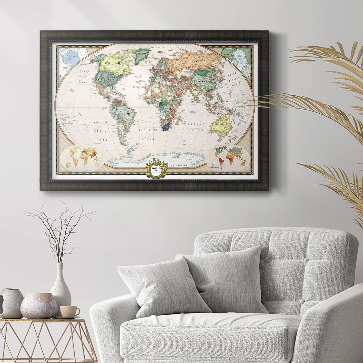 Renditions Gallery Colorful World Map Canvas Wall Art with Charcoal Black Frame Wall Hanging Travel Map with Push Pins for Home, Office, Classroom