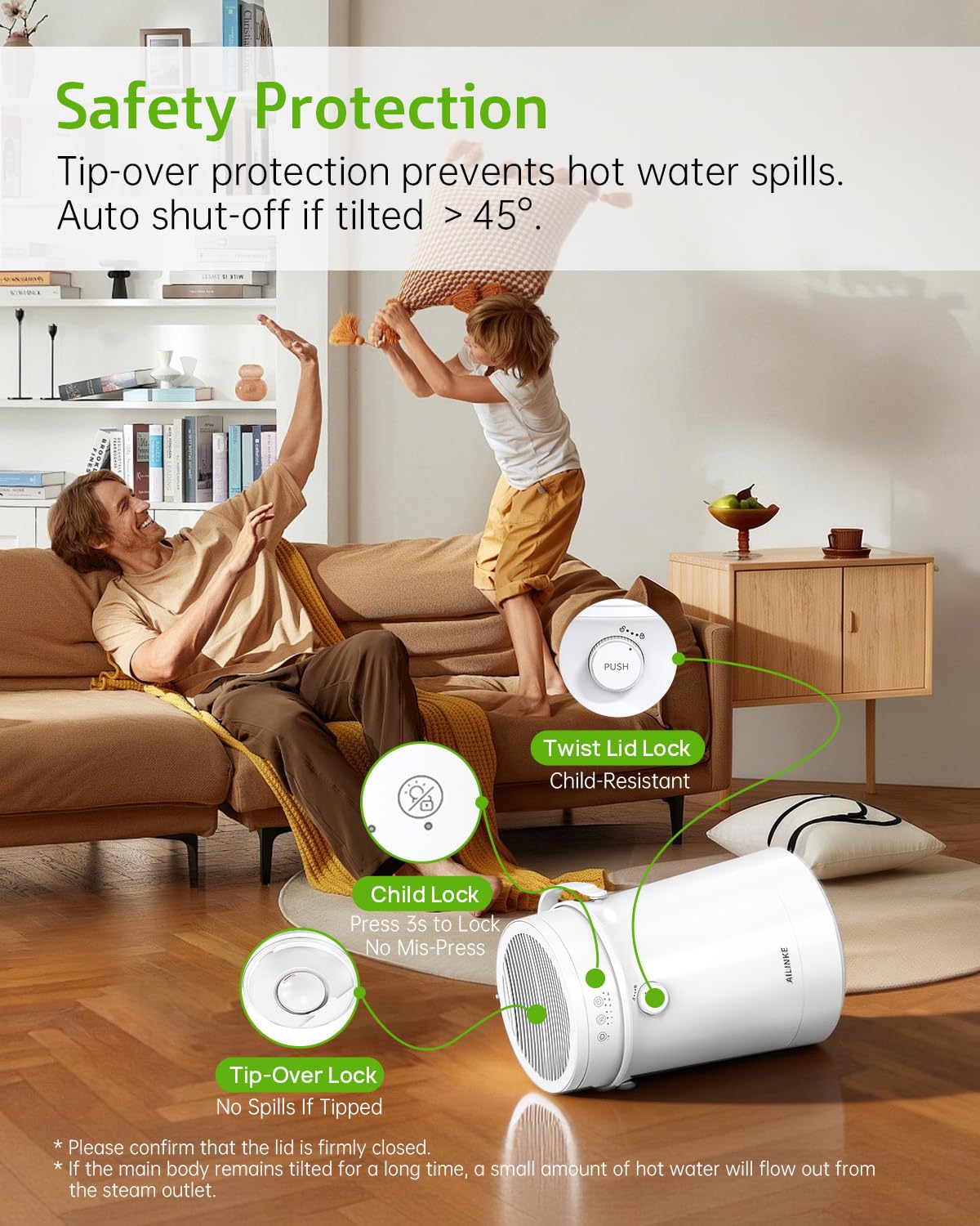 Stainless Steel Humidifier for Bedroom, Warm Mist Steam Humidifier 4L with Self-Cleaning Mode, Easy Clean Dishwasher Safe Humidifiers for Large room Living Room Home Office, Tip-Over Protection, White