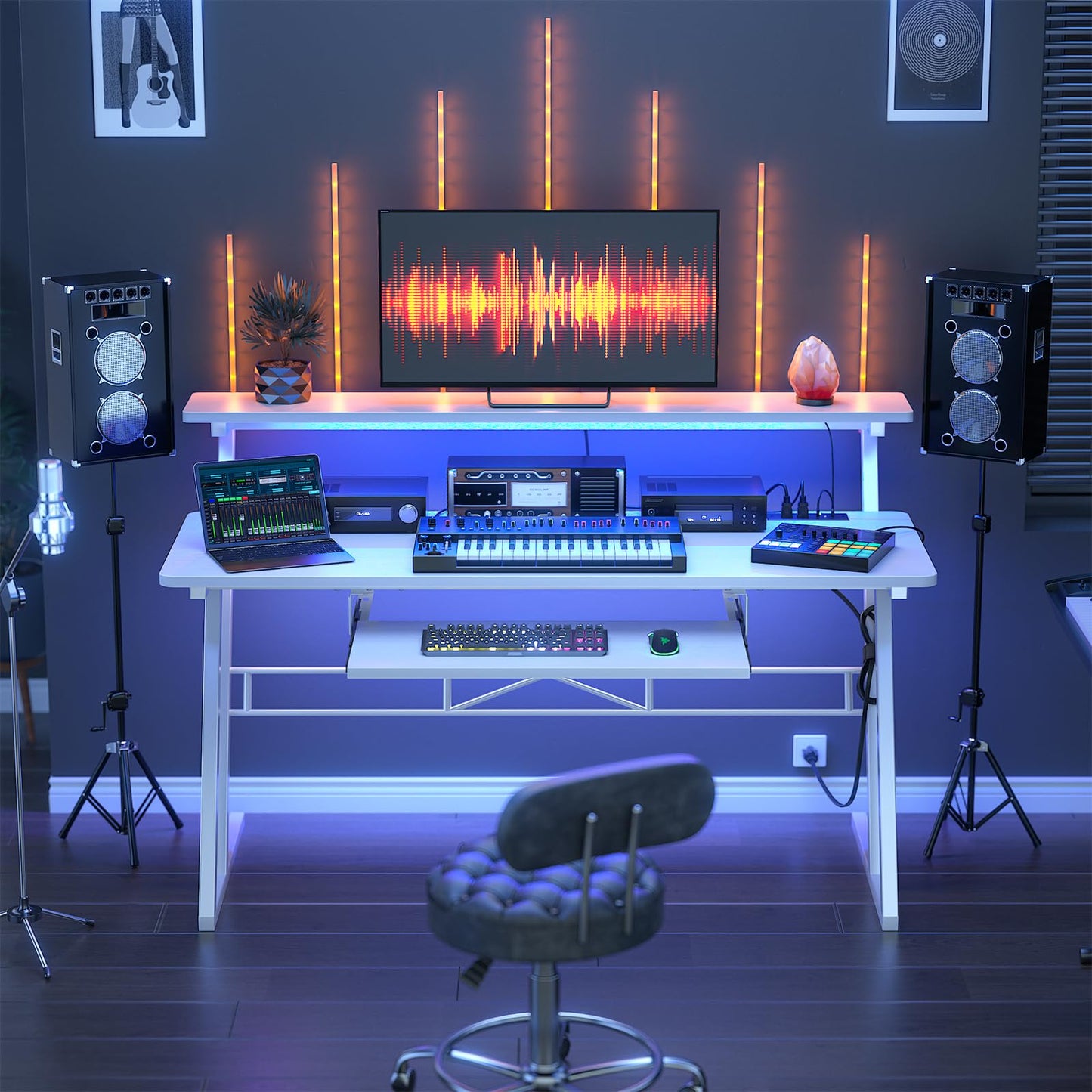 Armocity Music Studio Desk, Music Production Workstation with Power Outlets and RGB LED Lights, Recording Studio Table Desks Music Producer for Home, White