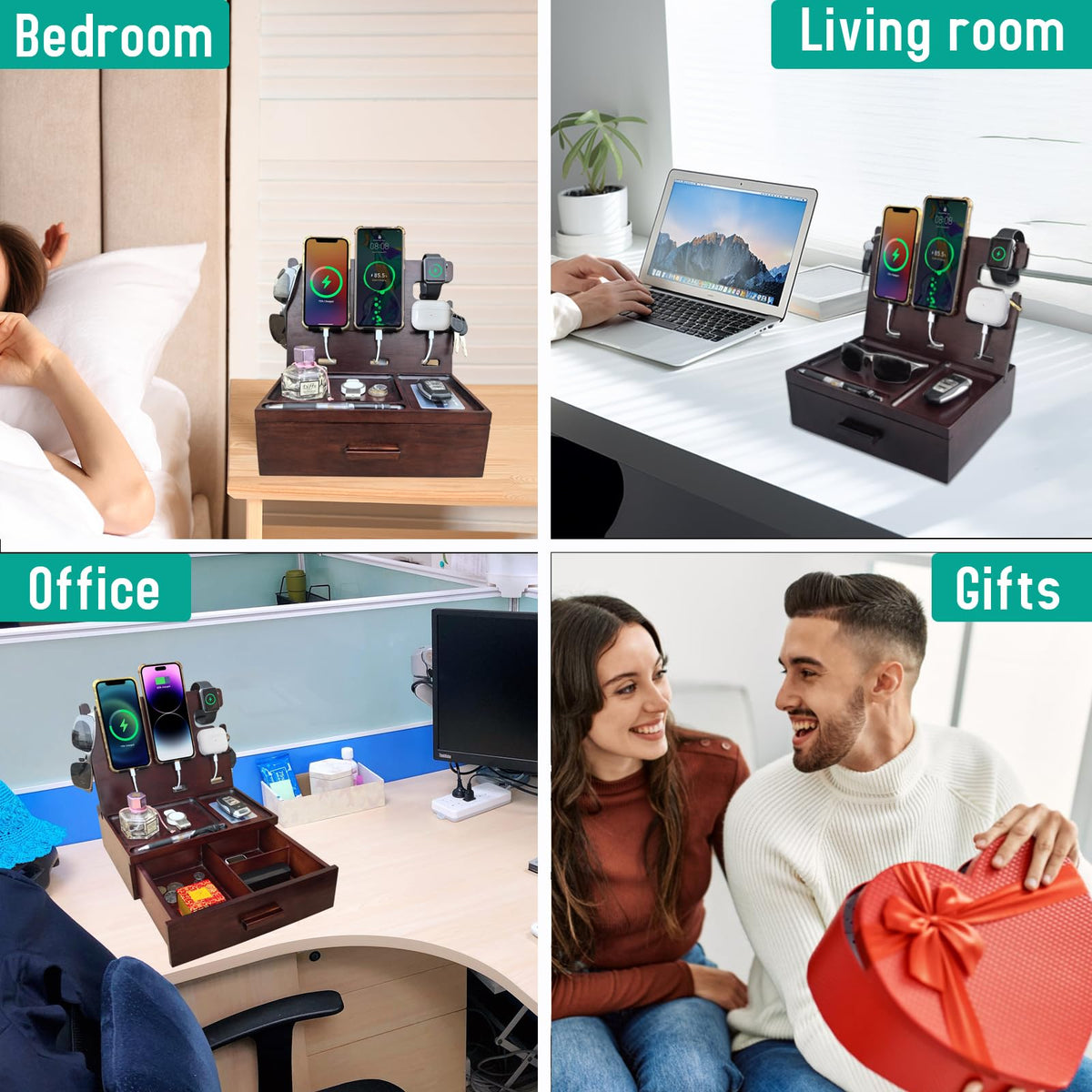 Xunhomon Wood Phone Docking Station with Drawer Nightstand Organizer for Men Dual Phone Charging Station for iPhone Samsung Google Desk Organizers Anniversary Birthday Gifts for Men Dad Him Husband
