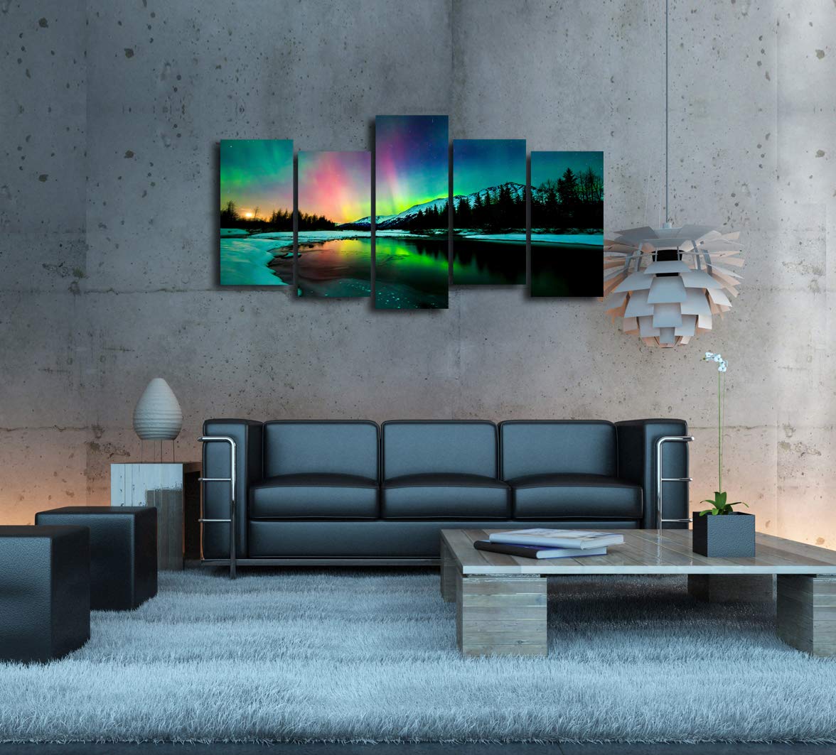 S01927 5 Pieces Wall Art Aurora scenery Painting on Canvas Stretched and Framed Canvas Paintings Ready to Hang for Home Decorations Wall Decor