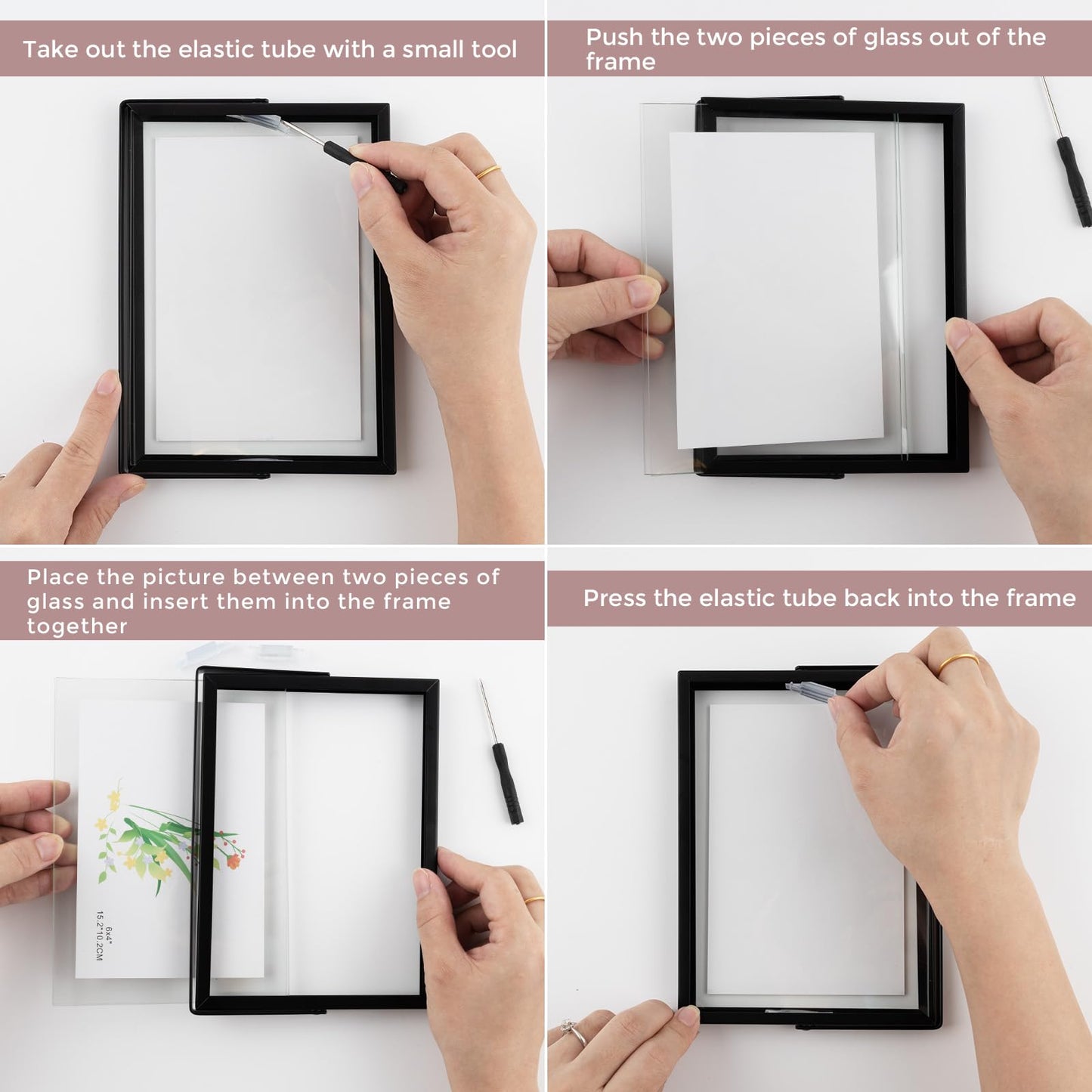 Golden State Art, 2 Pack, 4x6 Inch Metal Picture Frames, Floating Display for 3x5, 2x3 Photos, with Real Glass and Pull-Out Easel Stand for Tabletop Display (Horizontal) - Matte Black