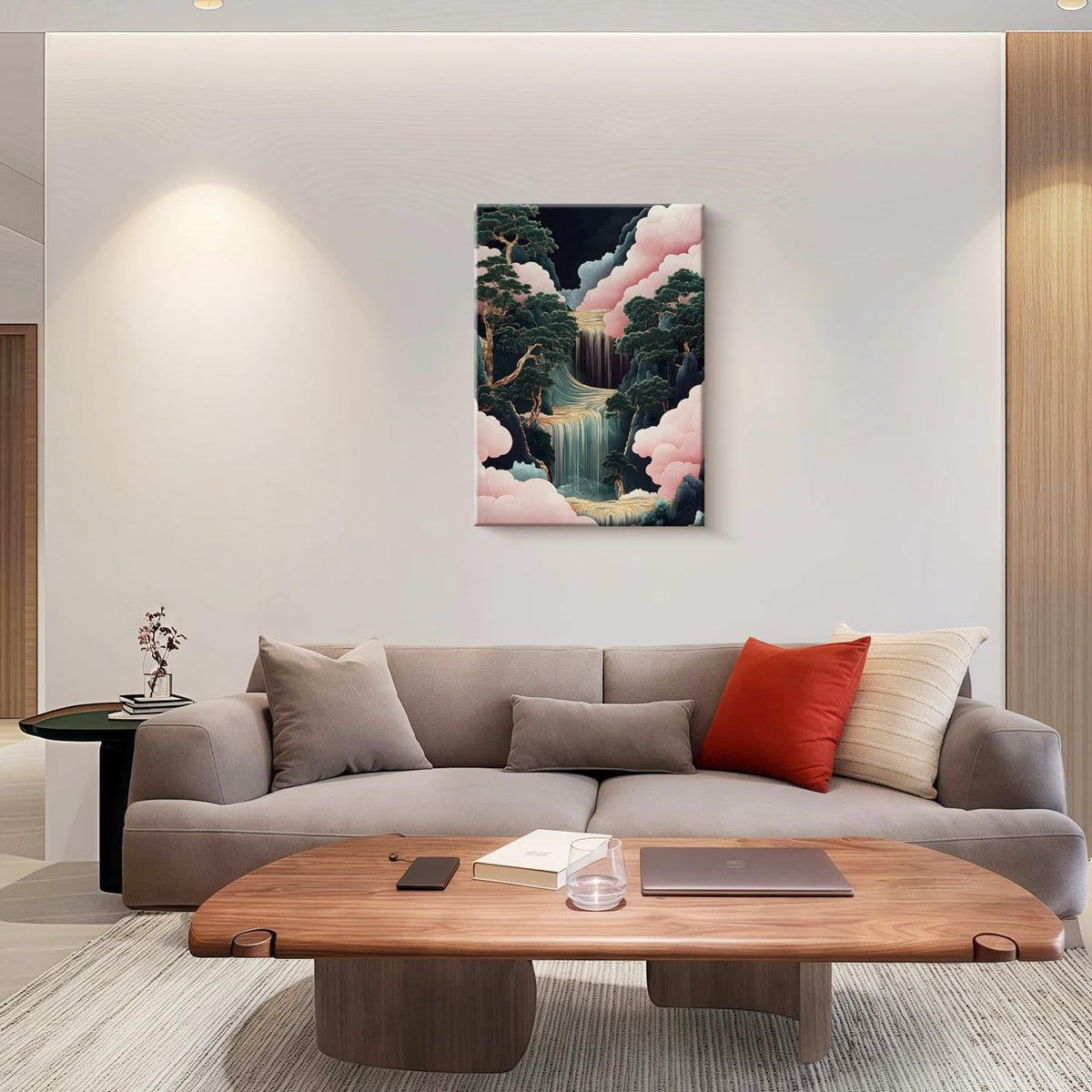 Framed Japanese Waterfall Landscape Picture Pink Clouds Wall Art Decor Canvas Print Nature Print Artwork Poster Gallery Bedroom Living Room Office 12x16 Inch Ready to Hang