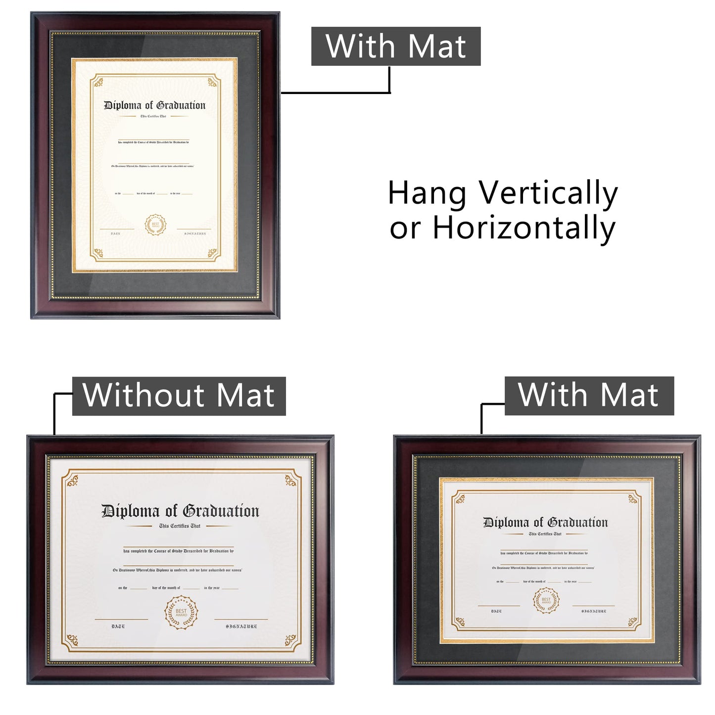 GraduatePro 8.5x11 Diploma Frame with Black Over Gold Mat or Display 11x14 Document without Mat, CPA License Frame, UV Protection Acrylic, Mahogany with Gold Beads