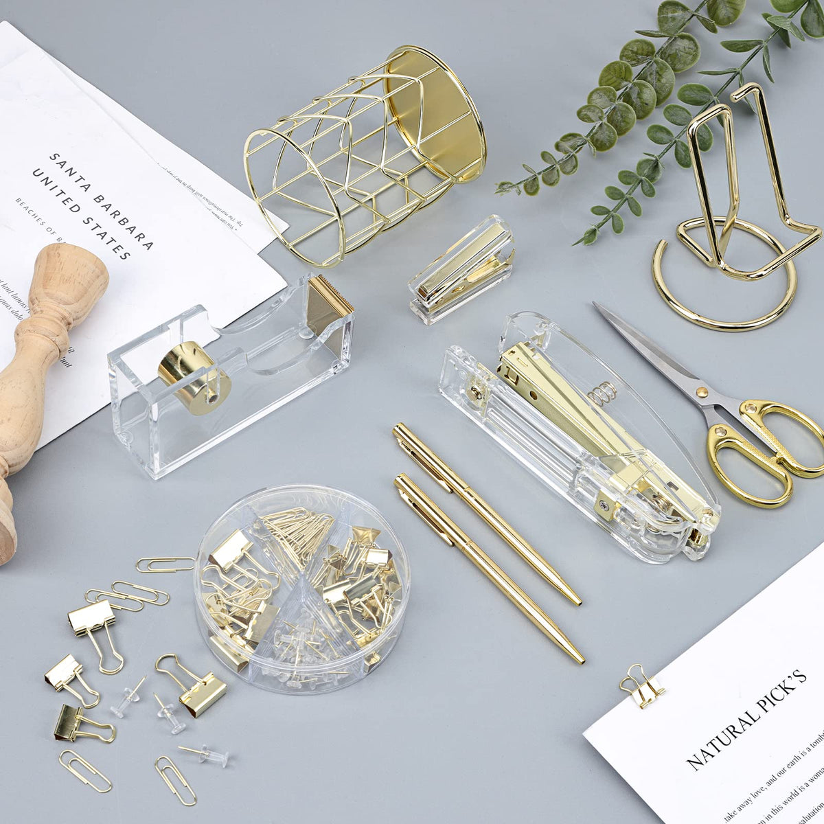 EOOUT Gold Office Supplies Set Desk Accessories, Acrylic Stapler Set Staple Remover, Phone Holder, Tape Holder, Pen Holder, 2 Ballpoint Pen, Scissor, Binder Clips, Ruler, Transparent Glue and Staples.