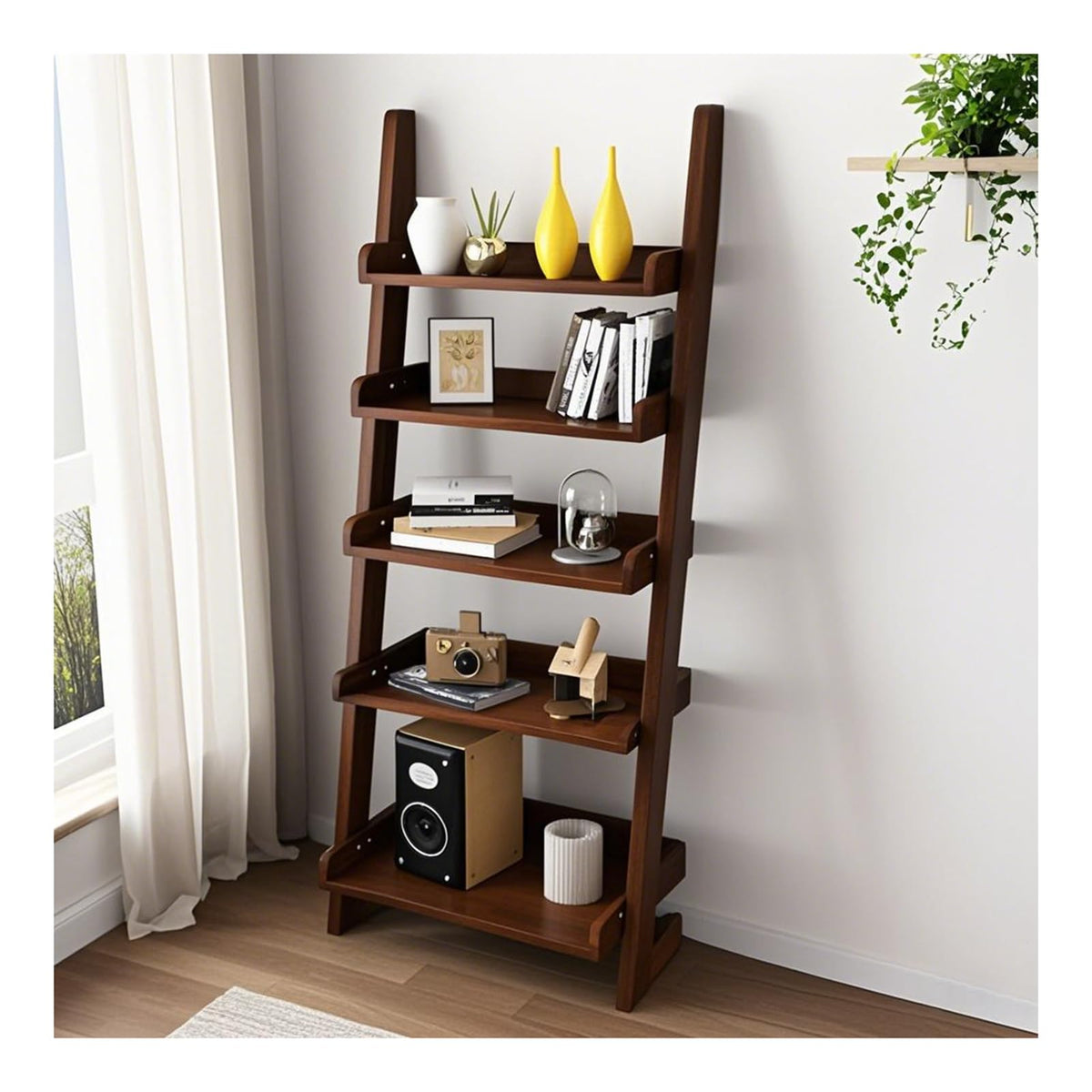 BFECGDXT Ladder Shelf Bookcase, 5 Tier Walnut Wooden Ladder Bookshelf, Space-Saving Freestanding Storage Rack for Living Room, Home Office and Bedroom, 55.1" H