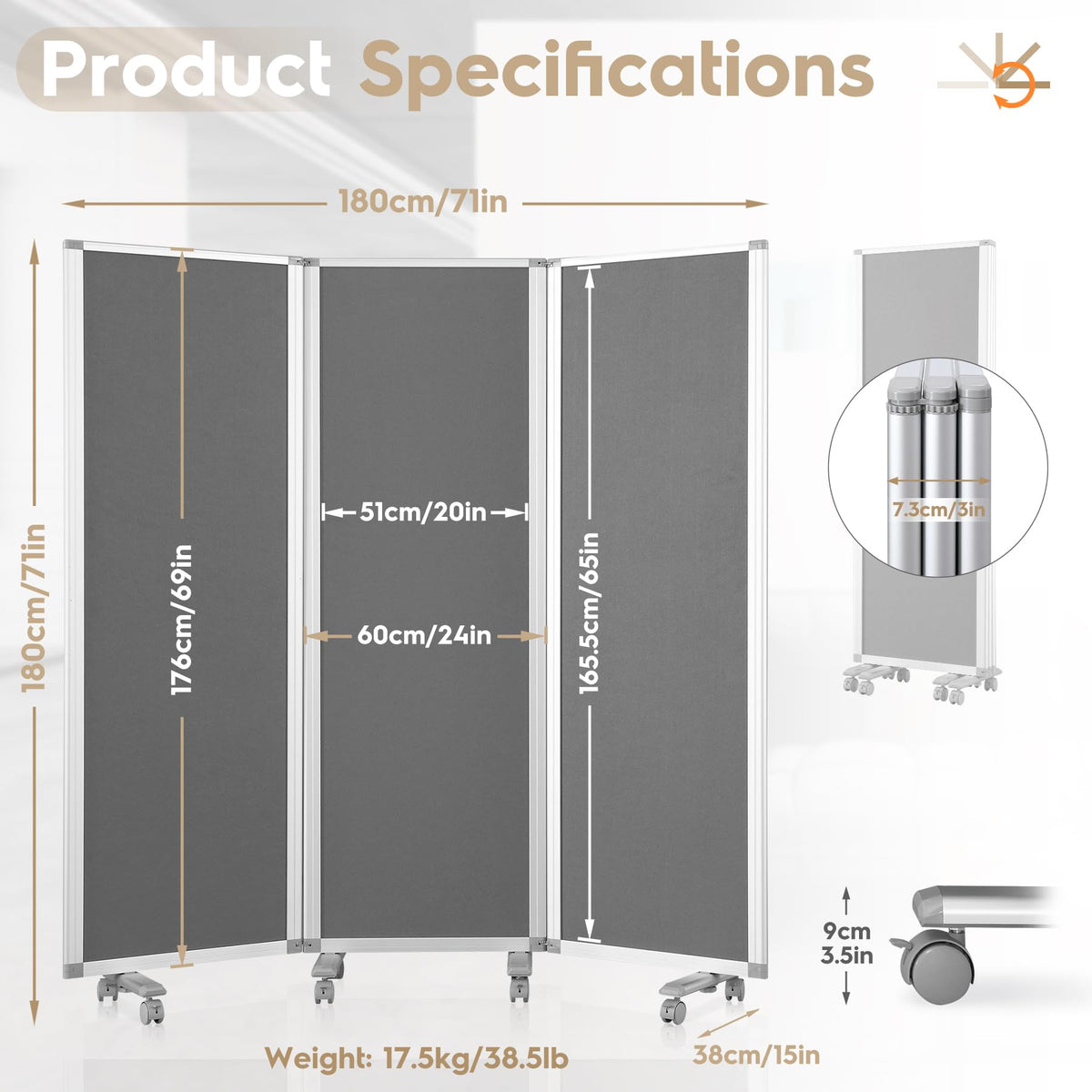SWANCROWN Folding Office Partition 3-Panel Room Divider 71x71 in, Sliding Privacy Screen Portable Temporary Wall for Cubicle, Studio & Home Office, Soundproof Grey Felt