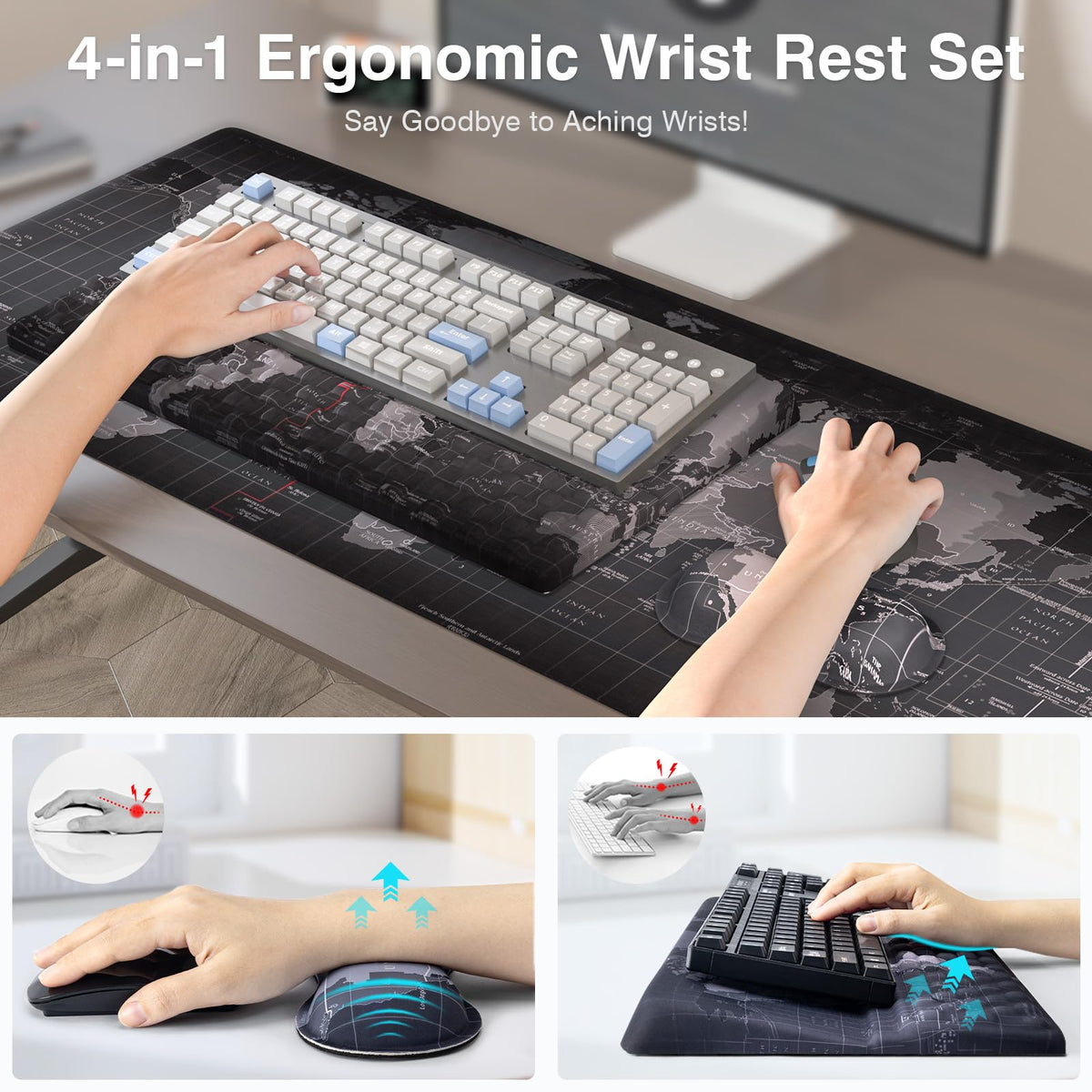 Ospelelf Ergonomic Mouse Pad and Keyboard Stand Wrist Rest Pad Set with Large Mousepad, Memory Foam Comfort, Premium Office Desk Accessories for Pain Relief and Efficiency, Black Map