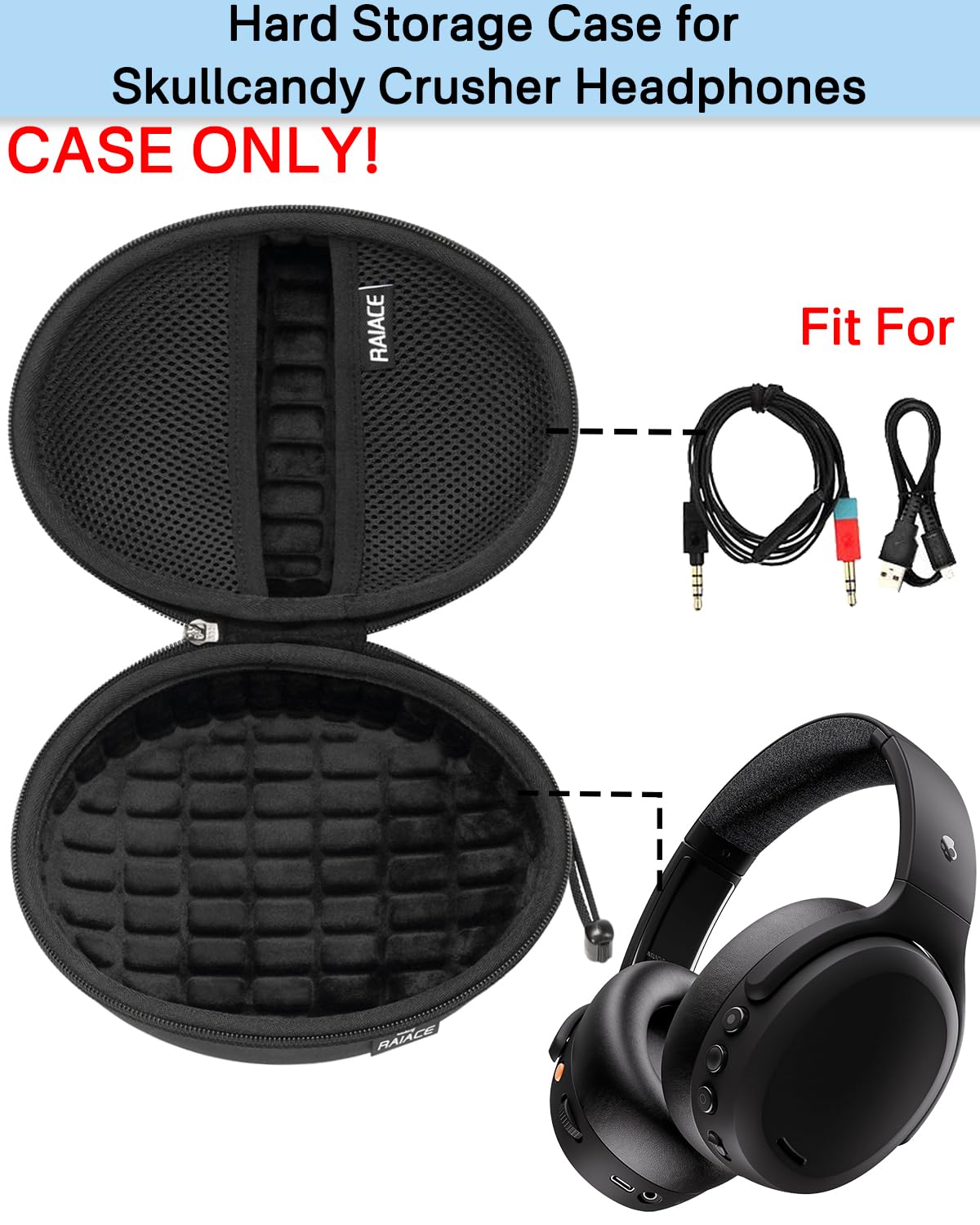 Hard Travel Carrying Case Compatible with Skullcandy Crusher Over-Ear Headphones. (Case Only, Not Include The Device)-Black(Black Lining)