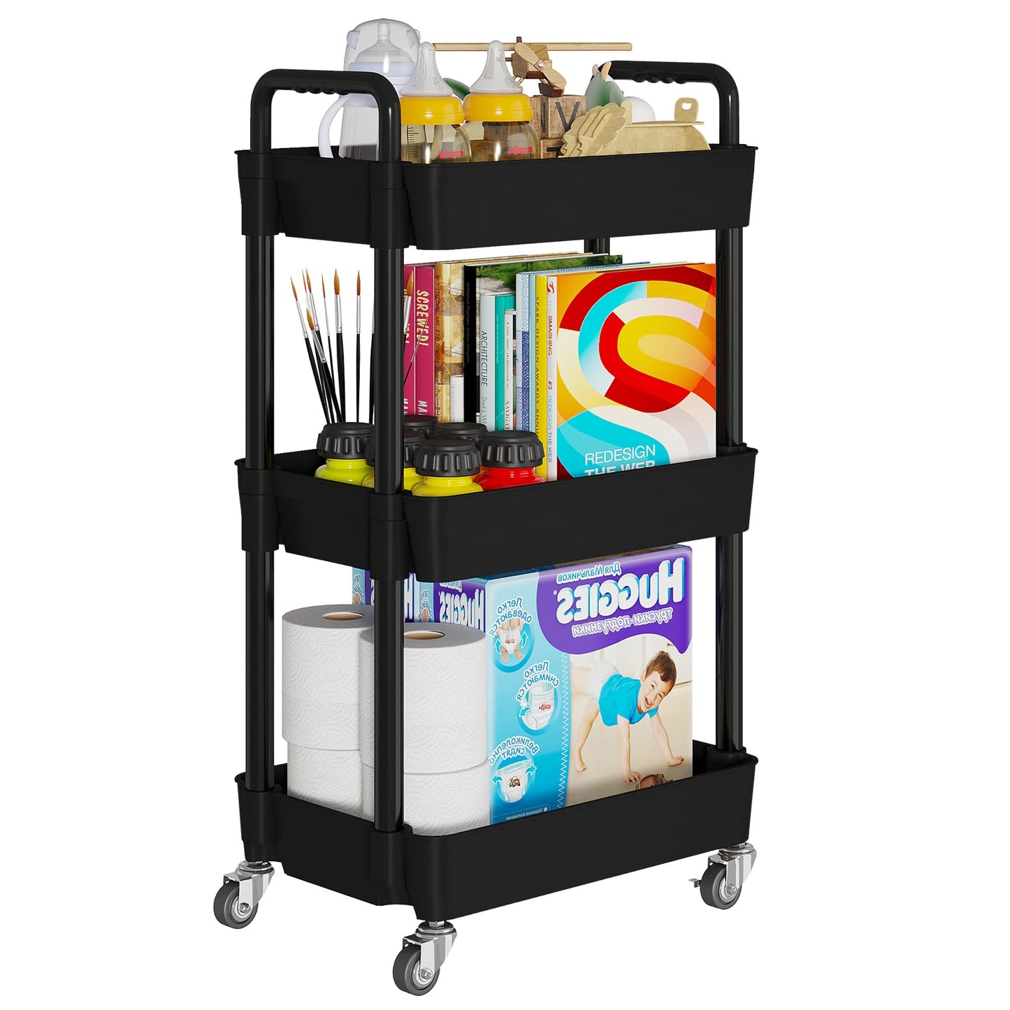 Laiensia 3-Tier Storage Carts,Multifunction Utility Rolling Cart Kitchen Storage Organizer,Mobile Shelving Unit Cart with Lockable Wheels for Bathroom,Laundry,Living Room,With Classified Sticker,Black