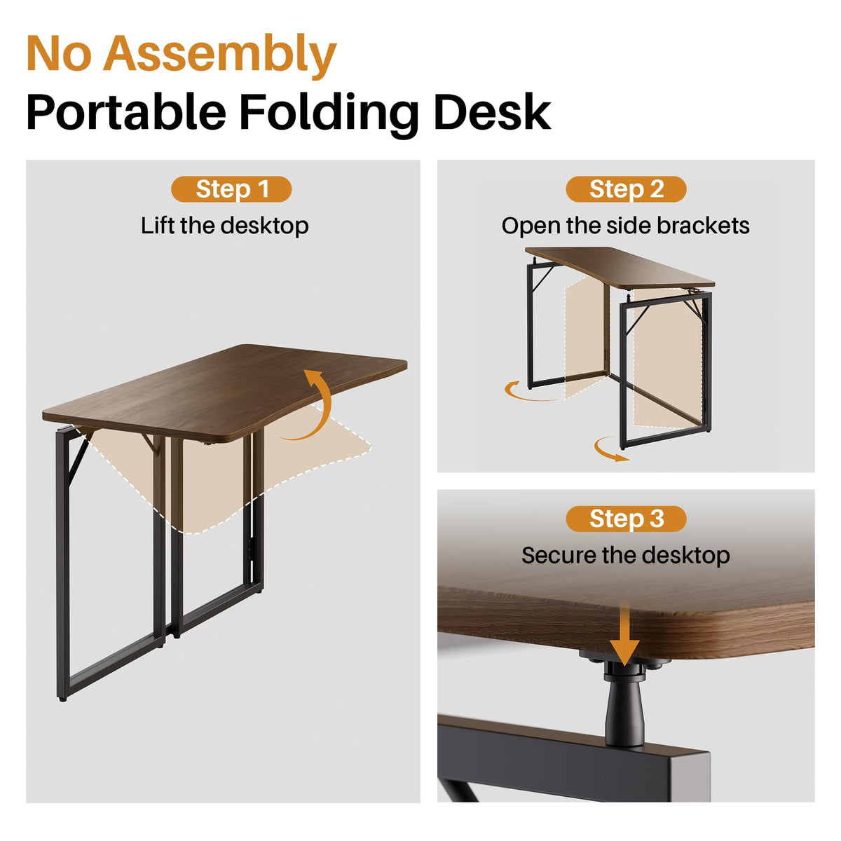 JOYMOOP 31.5" Folding Desk - Brown, No Assembly Small Foldable Desk for Home, Office, Wooden Top Folding Computer Desk for Working, Writing, Studying