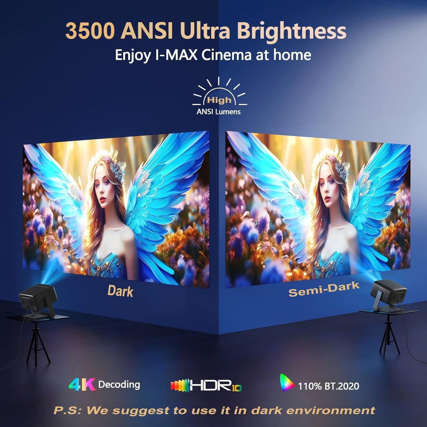 [3500 ANSI/ Official Apps/65W Audio] Outdoor 4K Projector with WiFi and Bluetooth, Auto Focus, Auto Keystone Smart Projector Support DoIby Audio, 2026 Upgrade GO2 Short Throw Projector with 360°Stand