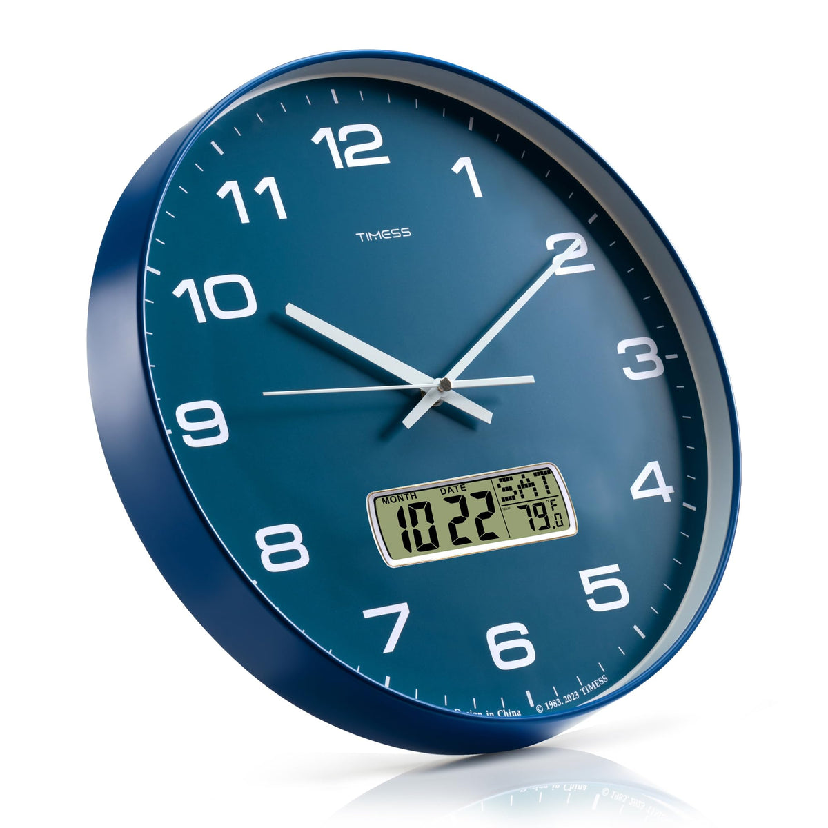TIMESS Wall Clock, 14" Large Dial Non-Ticking Silent Battery Operated Analog with LCD Display for Perpetual Calendar and F° Temperature, Ideal Modern Home, Bedroom, Kitchen, Office Decor (Blue)