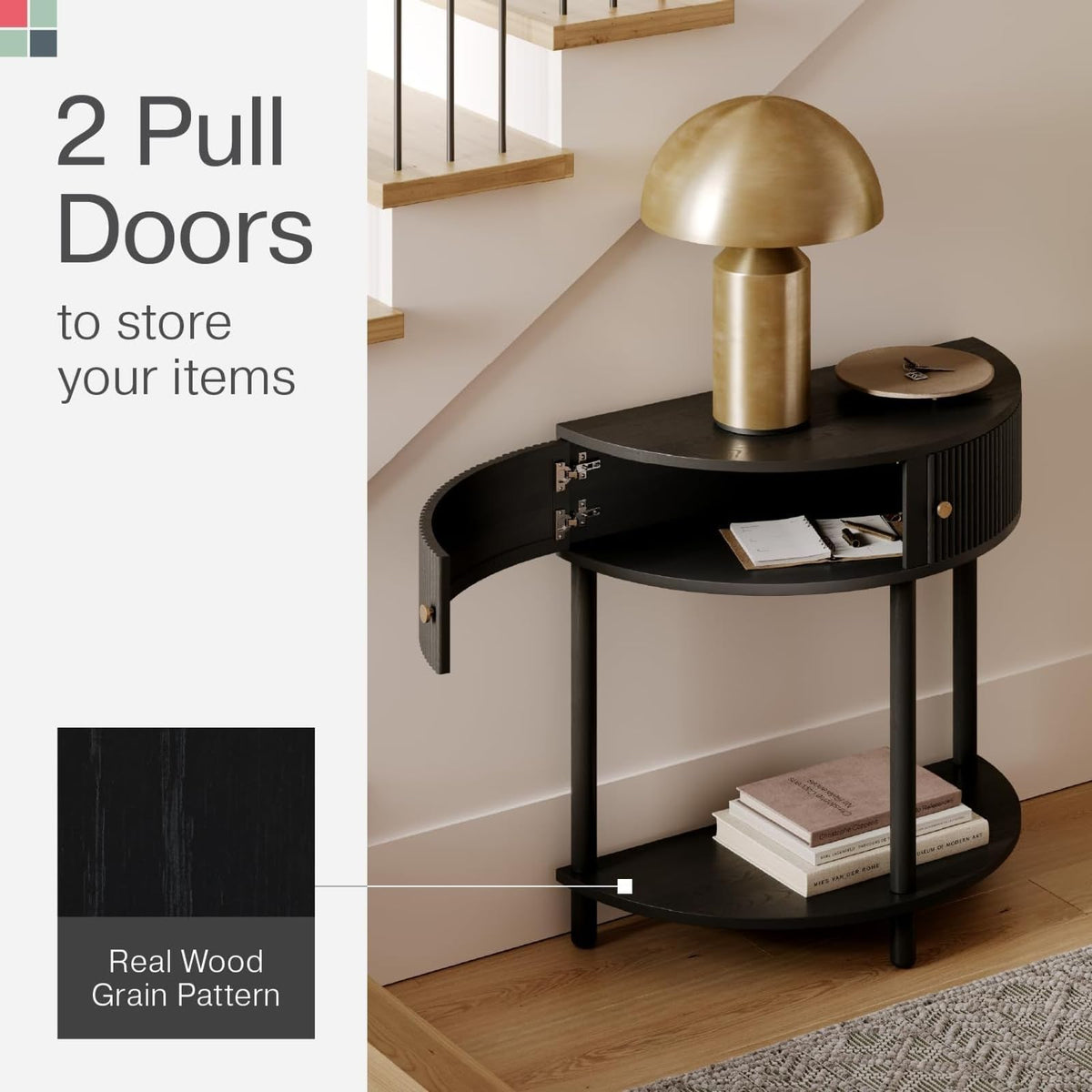 Stead Entryway Table Fluted Half Moon Console - Semicircular, Black Oak Veneer - Hidden Storage with Two Fluted Doors & Brass Knobs - Modern Narrow Console Table for Living Room & Hallway