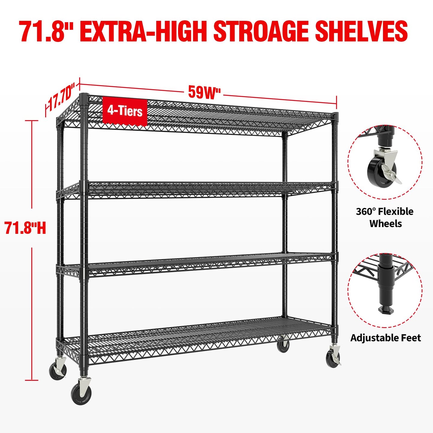 Garvee 4-Tiers Storage Shelves Heavy Duty Garage Shelving Units with Wheels 59" W x 71.8" H, 2640LBS Rolling Wire Shelving Rack, Adjustable Shelf for Garage Kitchen Warehouse Industrial Pantry